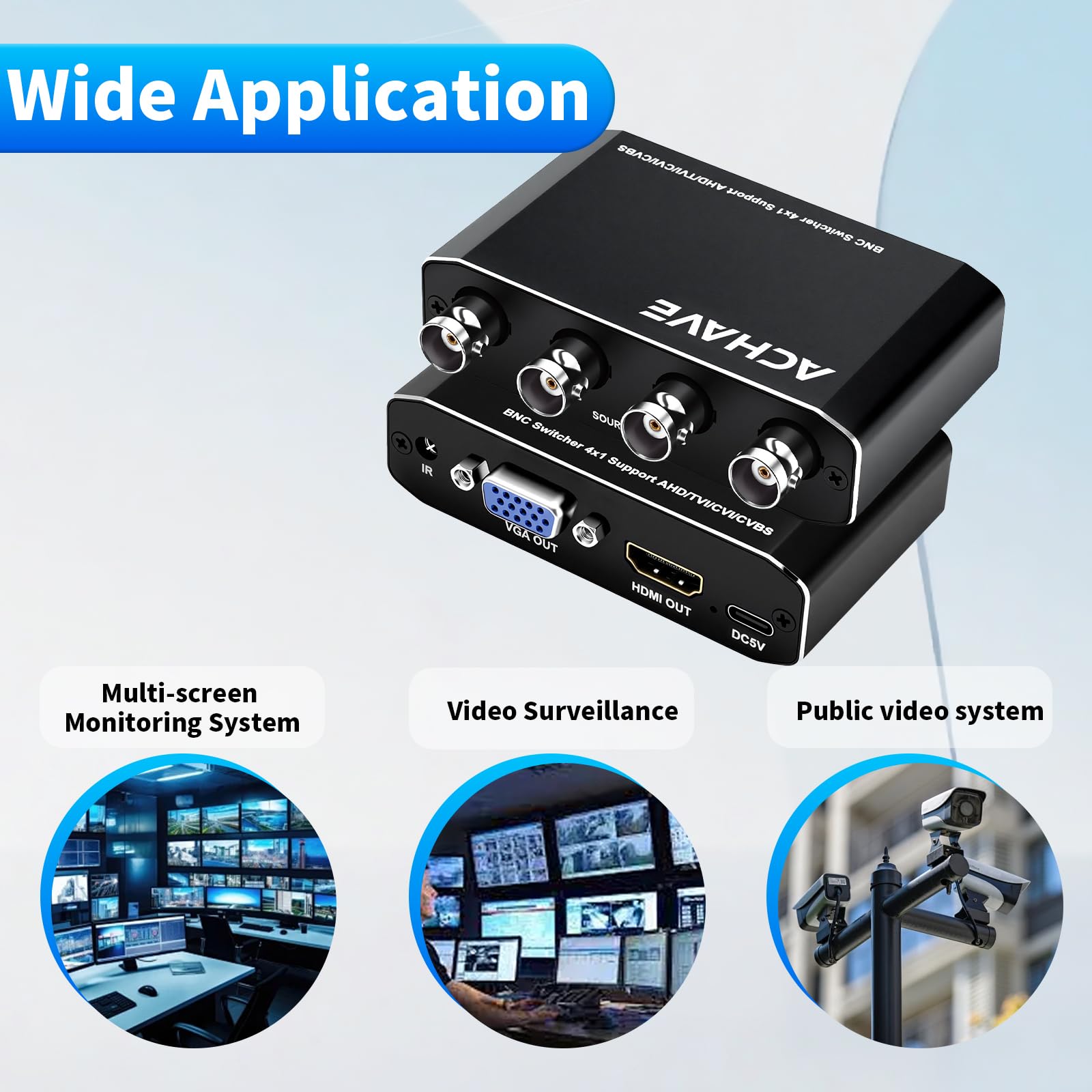 ACHAVE Commutatore BNC 4x1, supporta segnali AHD/TVI/CVI/CVBS, uscita HDMI + VGA simultanea, commutatore video a 4 canali per telecamera CCTV/monitor
