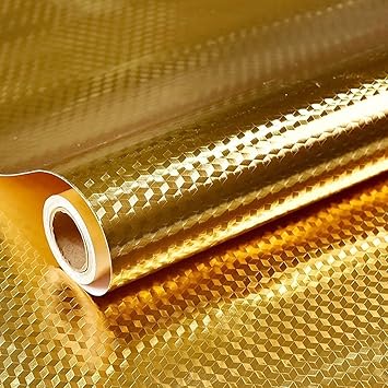 VAIDIKA 60 x 200 cm Golden Cube Design Aluminium foil Stickers Kitchen Wallpaper Wallpapers for Sticker Wall self Adhesive Oil Proof Waterproof Sheets Sheet Platform (15GOLDEN 3D 60x200)