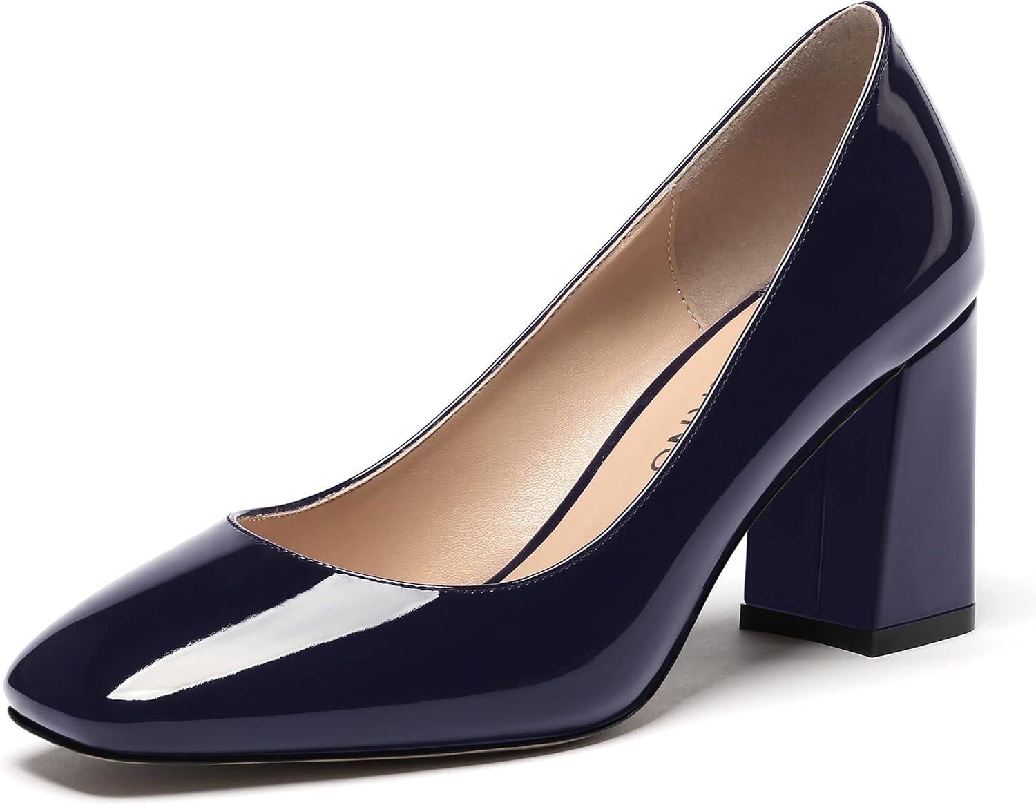 WAYDERNS Women's Slip On Solid Square Toe Patent Block High Heel Pumps Shoes 3 Inch