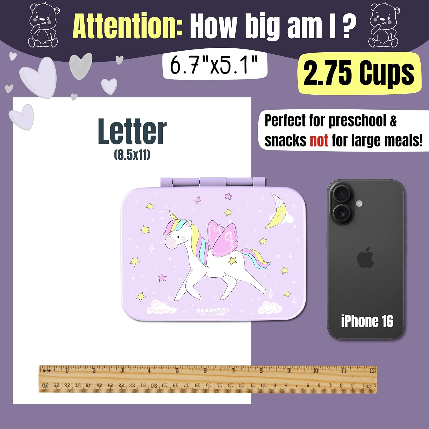 BEARFOOT Kids Lunch Box with Compartments – Compact & Lightweight | Leak-Proof, BPA-Free, Dishwasher Safe | Hand-Drawn Design for Preschool, School, Travel (Unicorn Purple, 2.75 Cups)