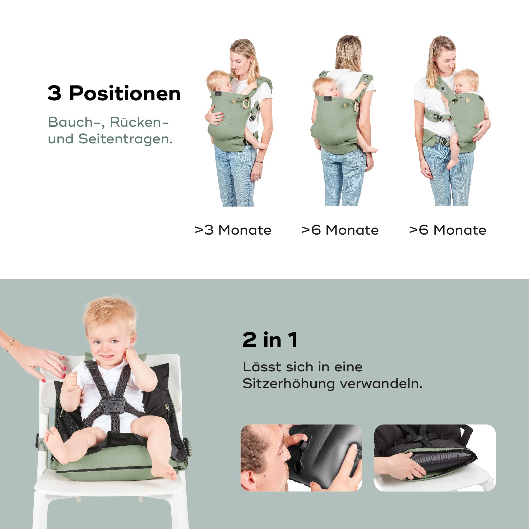 Babymoov Babytrage Moov & Boost Sage green - ergonomisch, für Babys und Kleinkinder, bis 20 kg