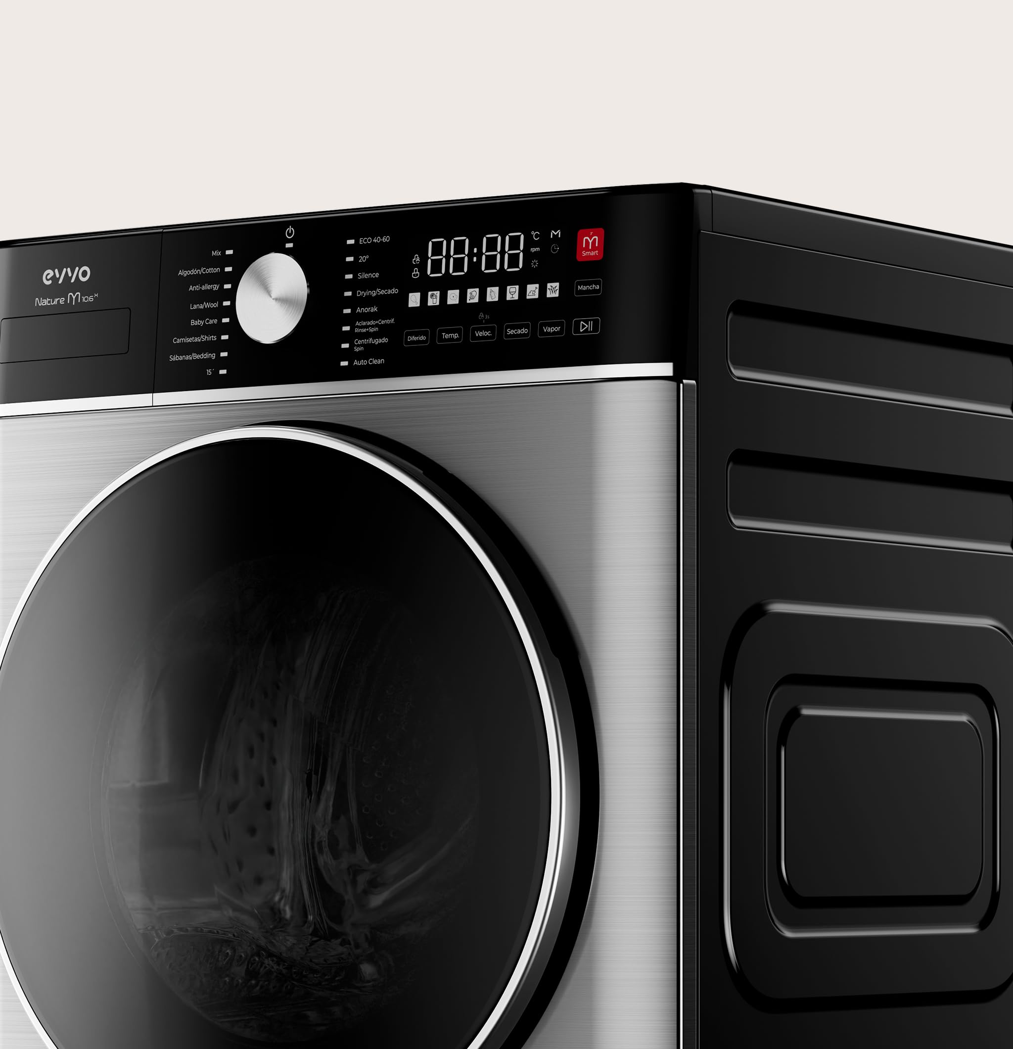 EVVO Nature M10/6X Washer-Dryer, 10 kg Wash + 6 kg Drying, 1400 rpm, BLDC Inverter Motor, Steam Wash, M-Smart One-Touch, Quick Wash 15', Delayed End 24 h, Stainless Steel — view 4