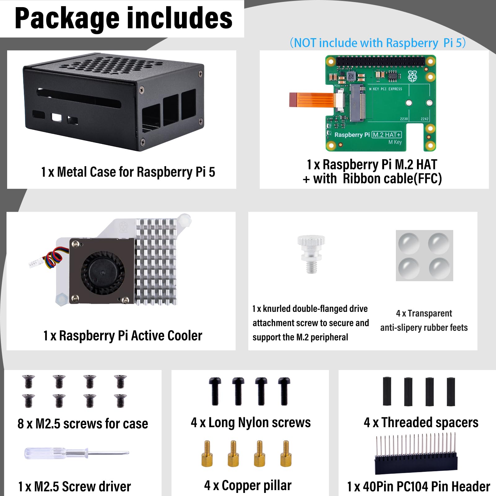 GeeekPi Metalowa obudowa do Raspberry Pi 5, z oficjalnym Raspberry Pi M.2 Hat+ i aktywną chłodnicą, obsługą M.2 SSD 2230/2242