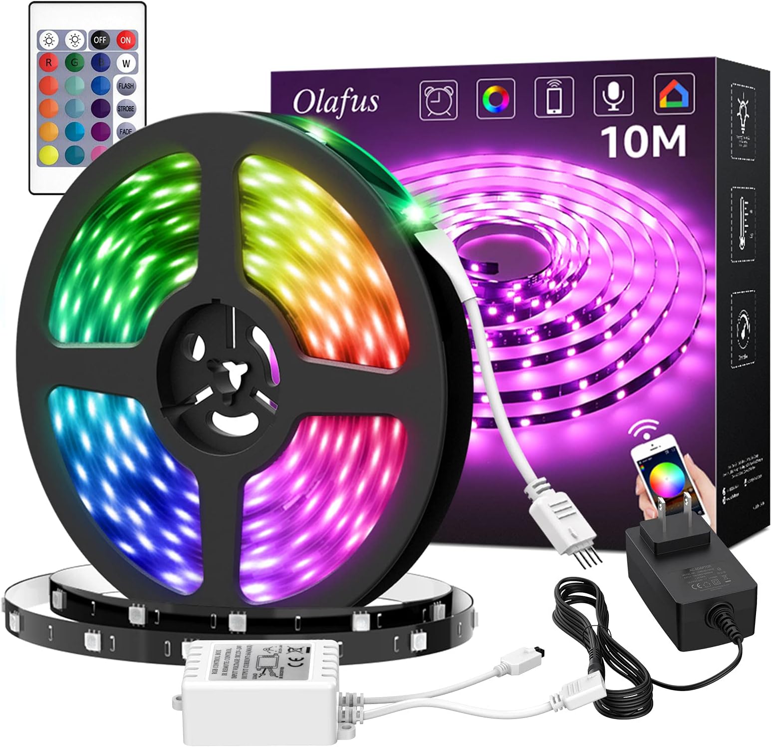 Olafus 32.8ft WiFi Smart LED Strip Lights, Power Adapter, Work with Alexa Google Home, App Control RGB Light Strip Kit Music Synch with Remote for Home Party TV Room, 300 LEDs 5050, 16 Million Colors