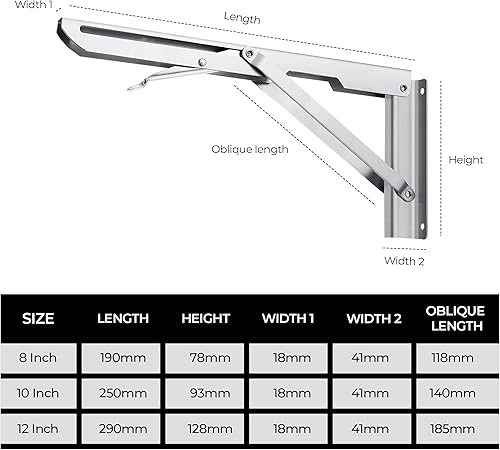 Miniatura 7 de Paquete de 10 soportes plegables de 8 pulgadas, acero inoxidable resistente, soportes plegables montados en la pared para estantes de madera