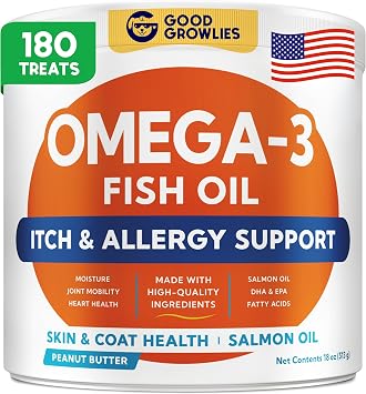 Omega 3 Fish Oil for Dogs 180Ct - Skin&Coat Chews - Dry & Itchy Skin Relief + Allergy Support - Shiny Coat - EPA&DHA Fatty Acids - Salmon Oil Chews Promotes Heart, Hip & Joint Support