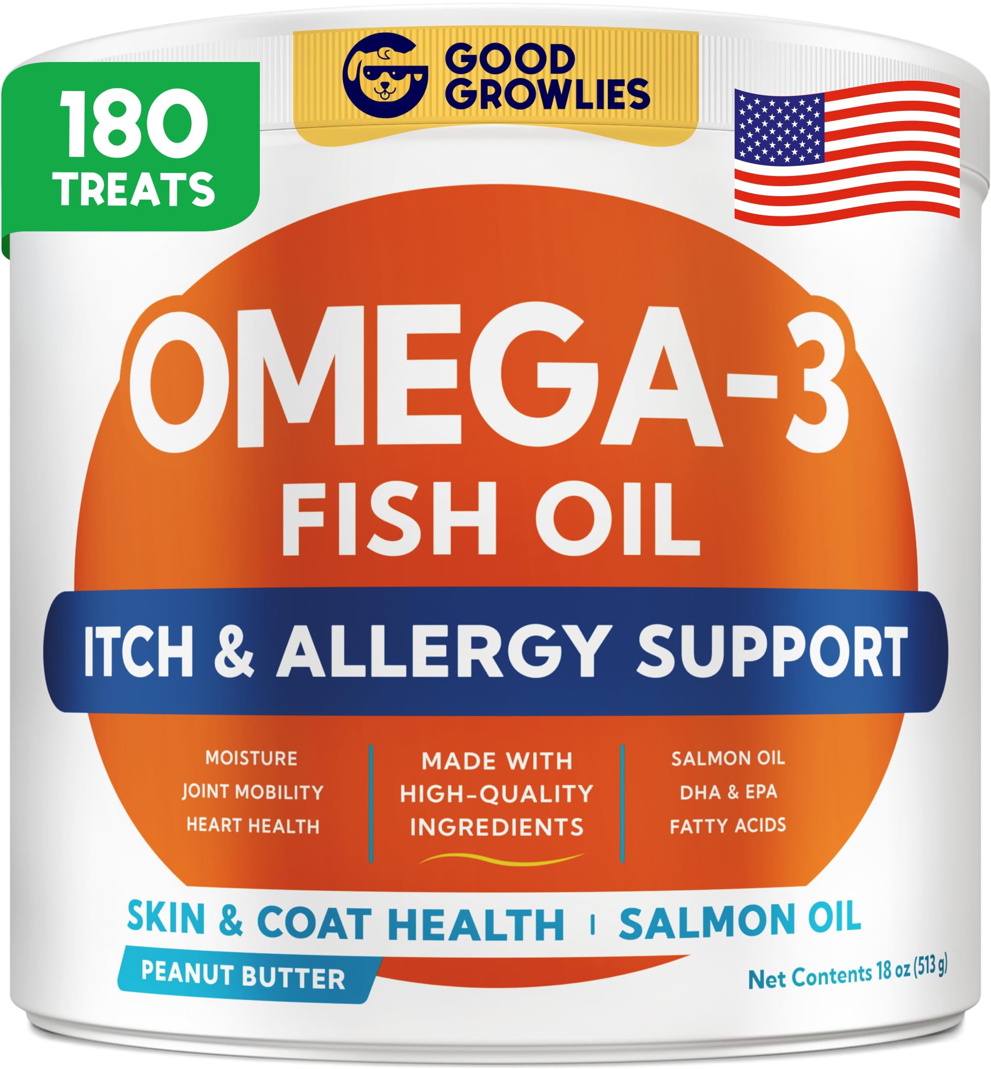 GOODGROWLIES Omega 3 Fish Oil for Dogs (180Ct) - Skin&Coat Chews - Dry & Itchy Skin Relief + Allergy Support - Shiny Coat - EPA&DHA Fatty Acids -