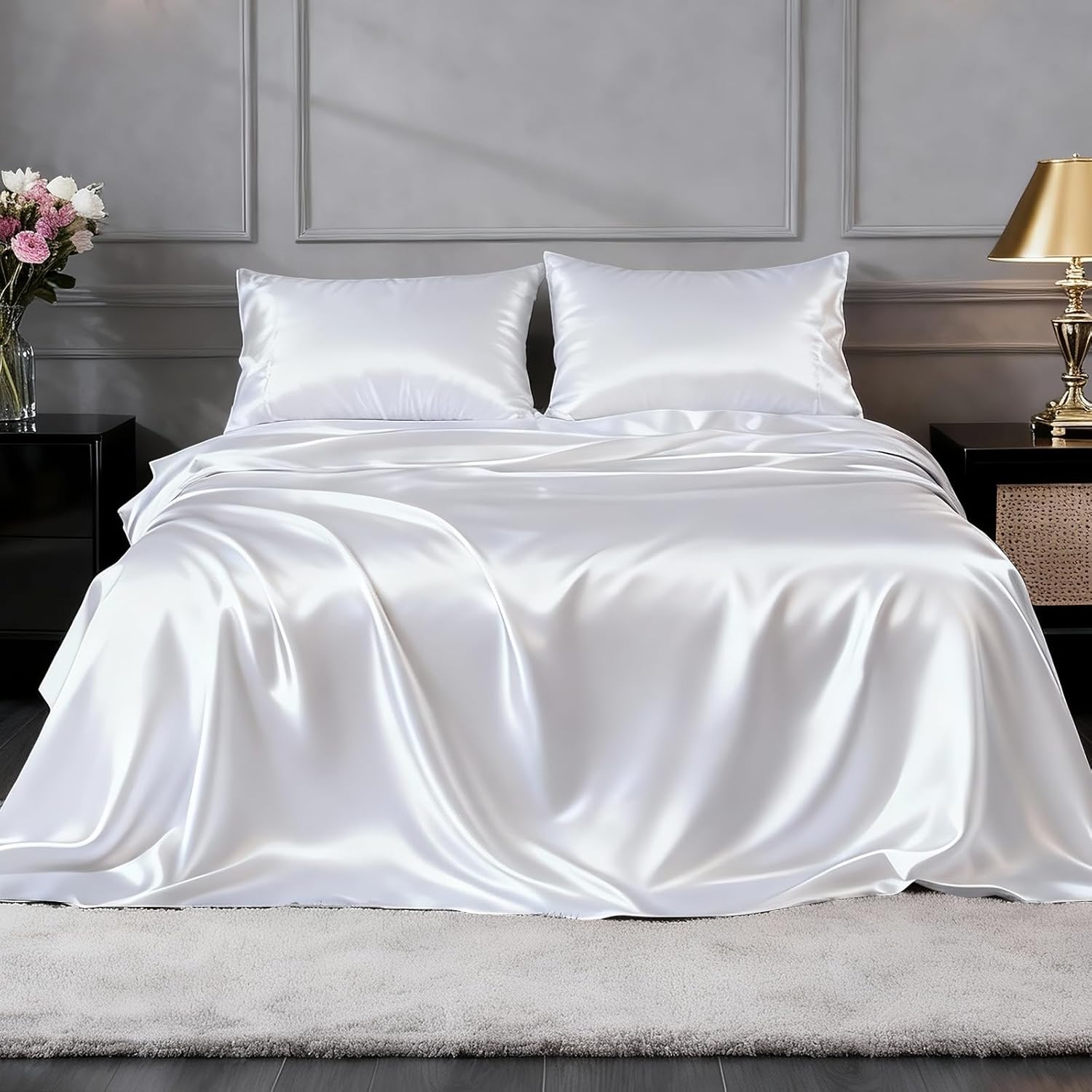 FreshCulture Satin Sheets King Size - 4 Piece Luxury Soft Silky Sheets for Hair and Skin, Similar to Silk Bed Sheet Set with 1 Deep Pocket Fitted Sheet, 1 Flat Sheet & 2 Pillowcases (White)