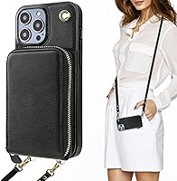 Vista 1 de KIHUWEY Funda tipo cartera cruzada para iPhone 14 Pro Max, funda de bolsillo con cremallera y soporte para tarjetas, funda protectora de piel Negro