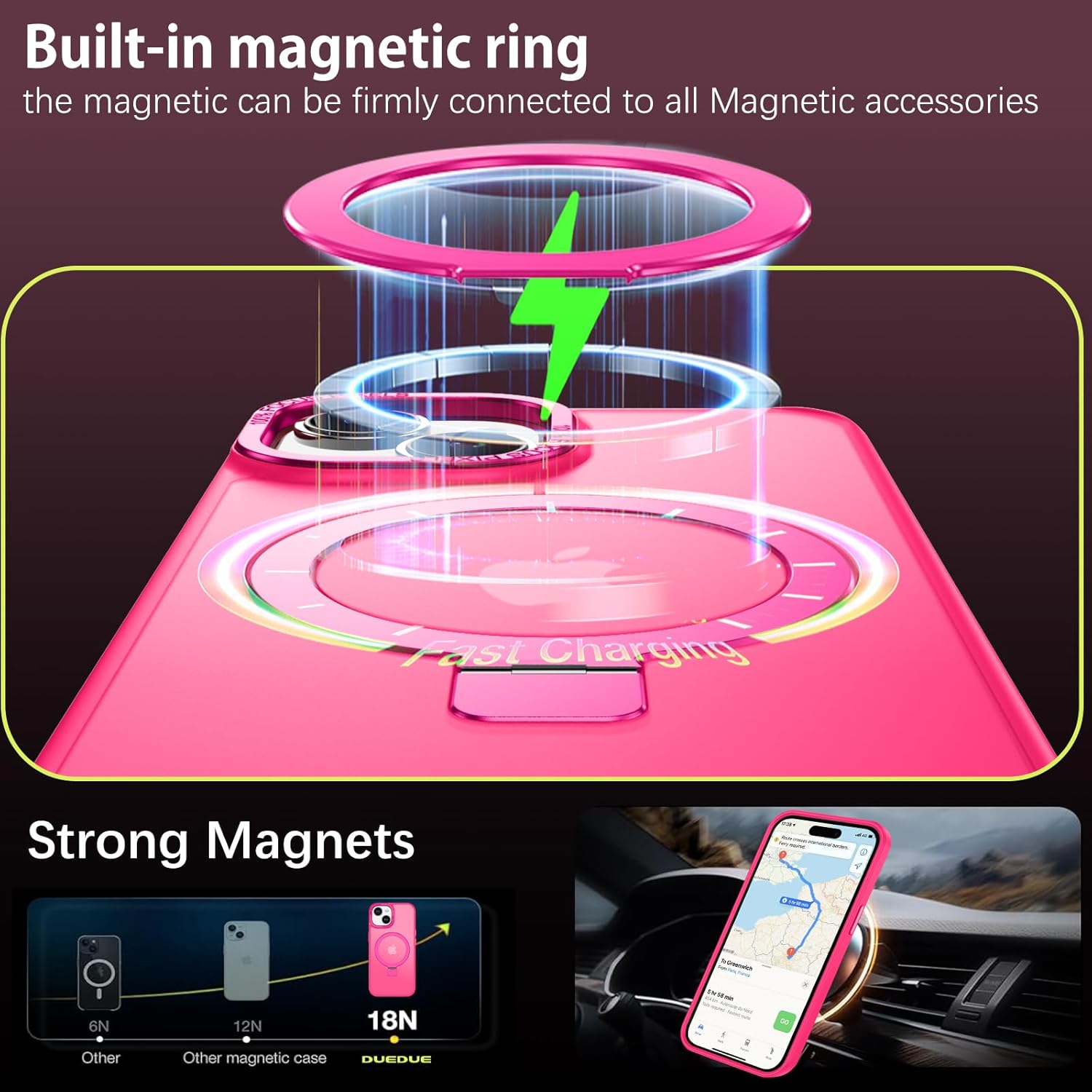 DUEDUE for iPhone 15 Plus Case Magnetic with Ring Stand[Compatible with Magsafe], Full Body Protective Cover Slim Shockproof Kickstand Phone Case for Apple iPhone 15 Plus 6.7", Hot Pink - Image 3