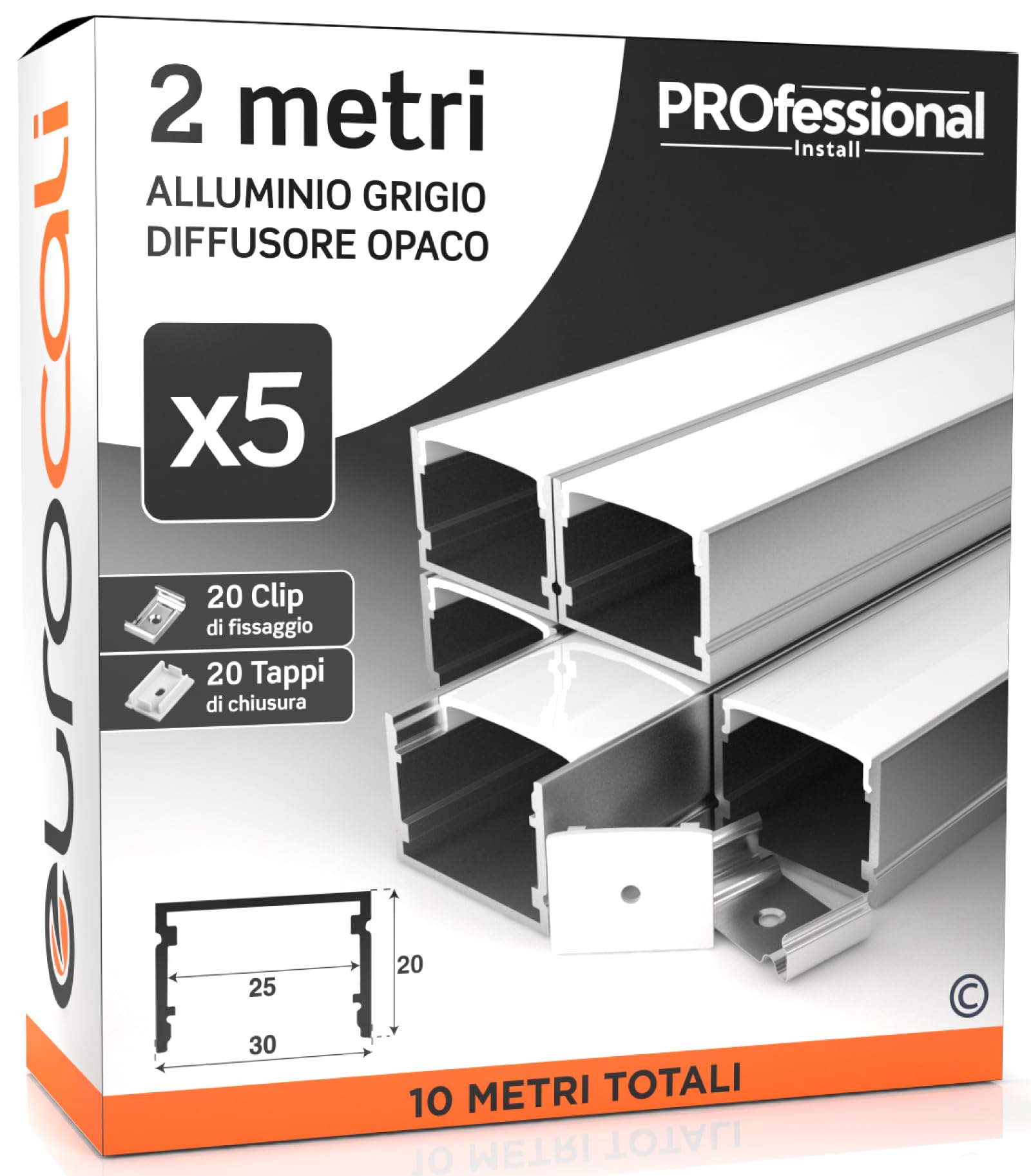 Eurocali 5x Profili da 2m (10mt) in Alluminio Grigio per Strisce LED Copertura Opaca larghezza max striscia led 25mm - 30 x 20