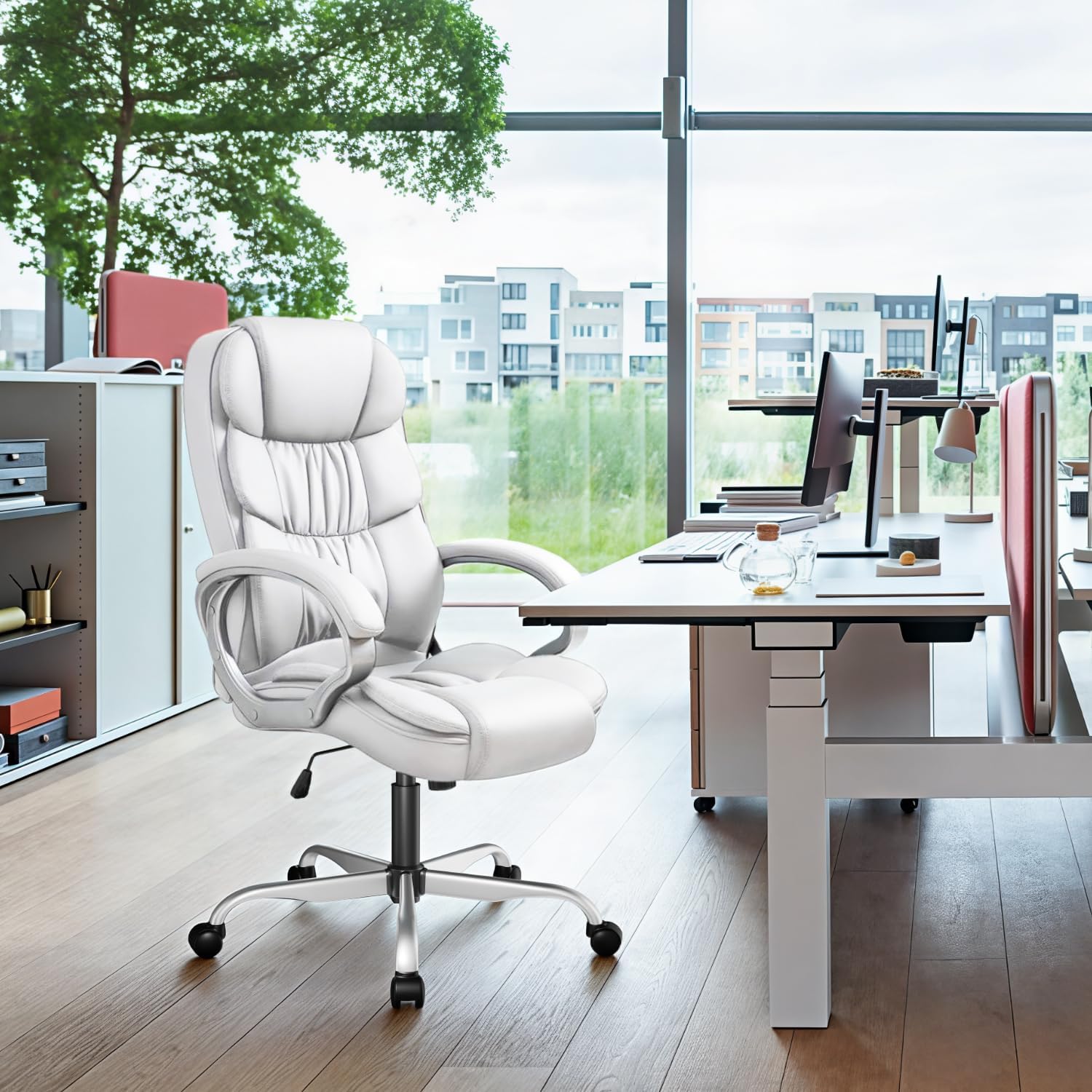 GUNJI Office Chair PU Leather High Back Executive Chair Ergonomic Computer Chair, Modern Adjustable Home Desk Chair Swivel Managerial Chair with Padded Armrests and Lumbar Support (White)