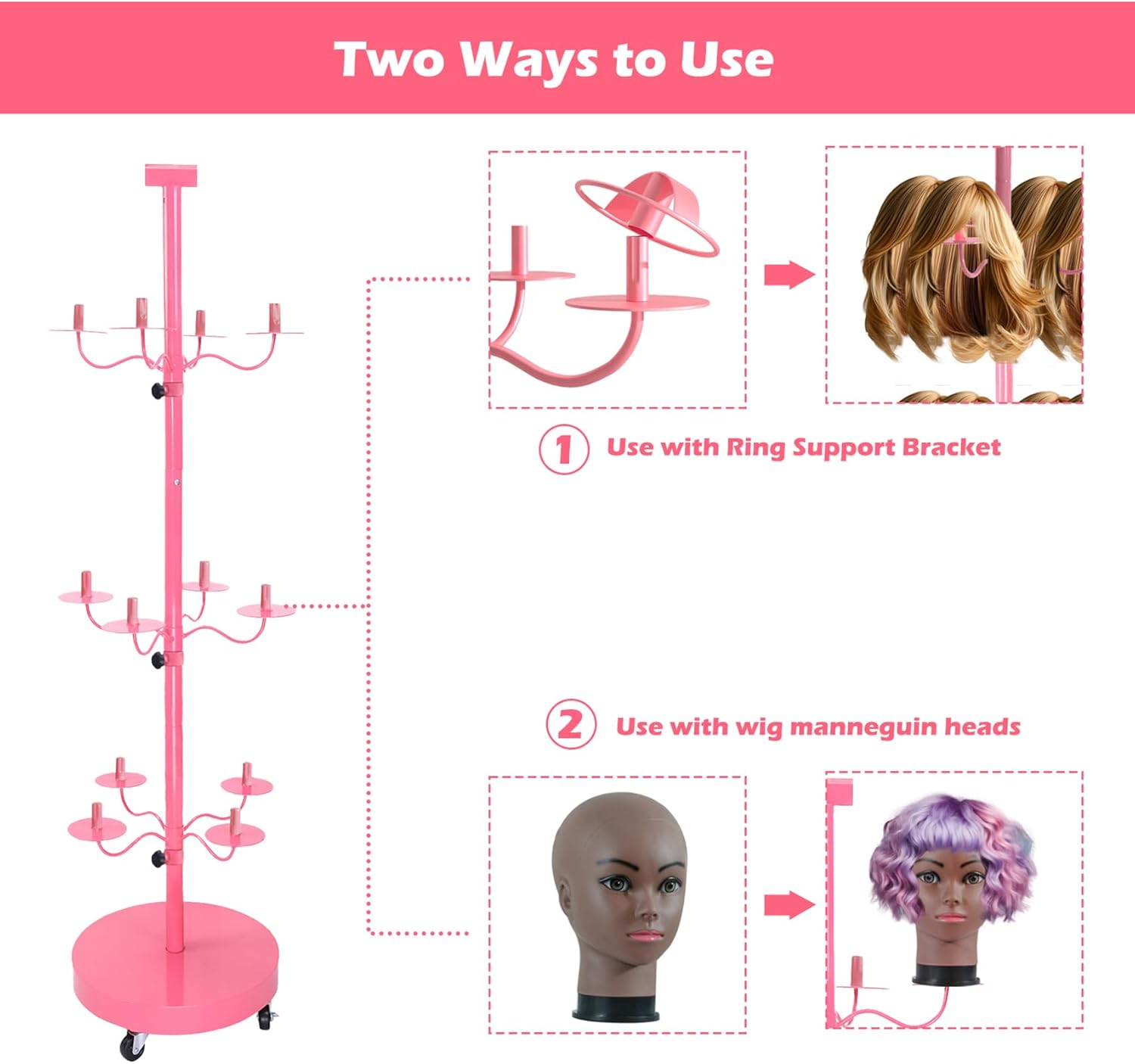 Wig holder for Multiple Wigs for 12-Mannequin Head, Wig Styling Stand Display Holder Organizer Metal Wig Rack On Wheels Tree Shelf - Patent Protected( Large Pink with 12 little wig holder