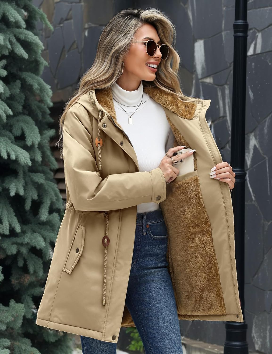 Yusongirl Parka Jacket Women Waterproof Fleece Lined Hooded Warm Winter Coat with Pockets for Daily Commute & Outdoor