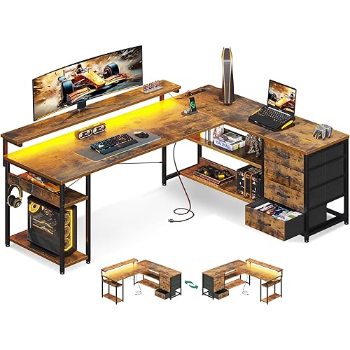AODK 69" L Shaped Desk with Drawer, Computer Desk with Power Outlets & LED Lights, Reversible Corner Gaming Desks for Home Office Workstation, Office Table with Monitor Shelf, Vintage