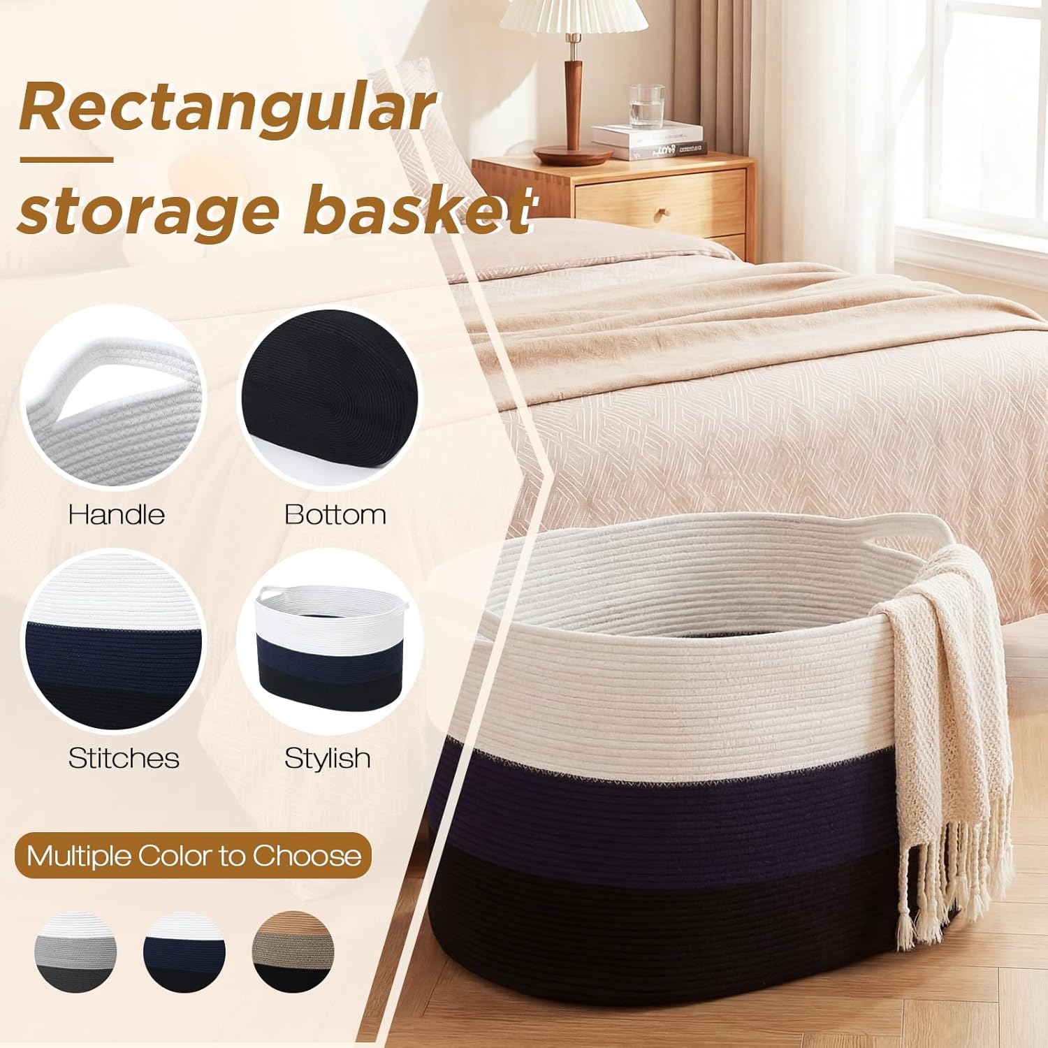 125l Jumbo Blanket Basket for Living Room, 25"x18"x17" XXXXL Cotton Rope Storage Basket with Handles, Extra Large Woven Laundry Hamper for Living Room, Nursery(White, Dark Blue,Black)