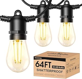 Outdoor String Lights Patio Light 64FT LED Dimmable Lighting 23 Shatterproof S14 Plastic Bulbs 20 Hanging Sockets Waterproof for Outside Cafe Bistro Porch Gazebo Backyard Party Deck Garden