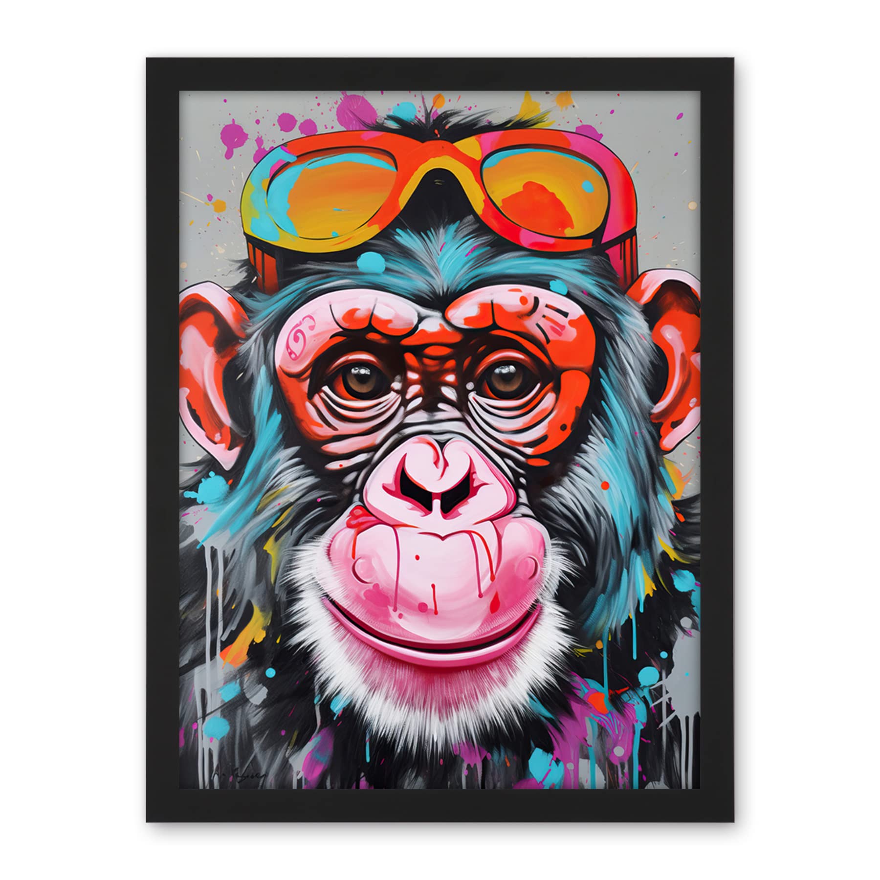Artery8 Chimpanzee Monkey With Sunglasses Graffiti Pop Art Artwork Framed Wall Art Print 18X24 Inch