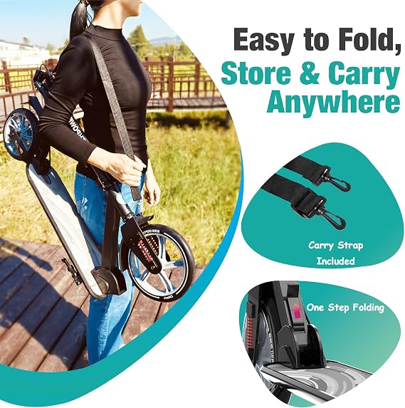 Big Wheels Kick Scooter for Kids Ages 6+, Teens and Adults, Max Load 300 LBS, Foldable - 2-Wheel Commuter Adult Scooters with Hand Brake & Shock Absorption, Adjustable Handlebar, Bearing ABEC9