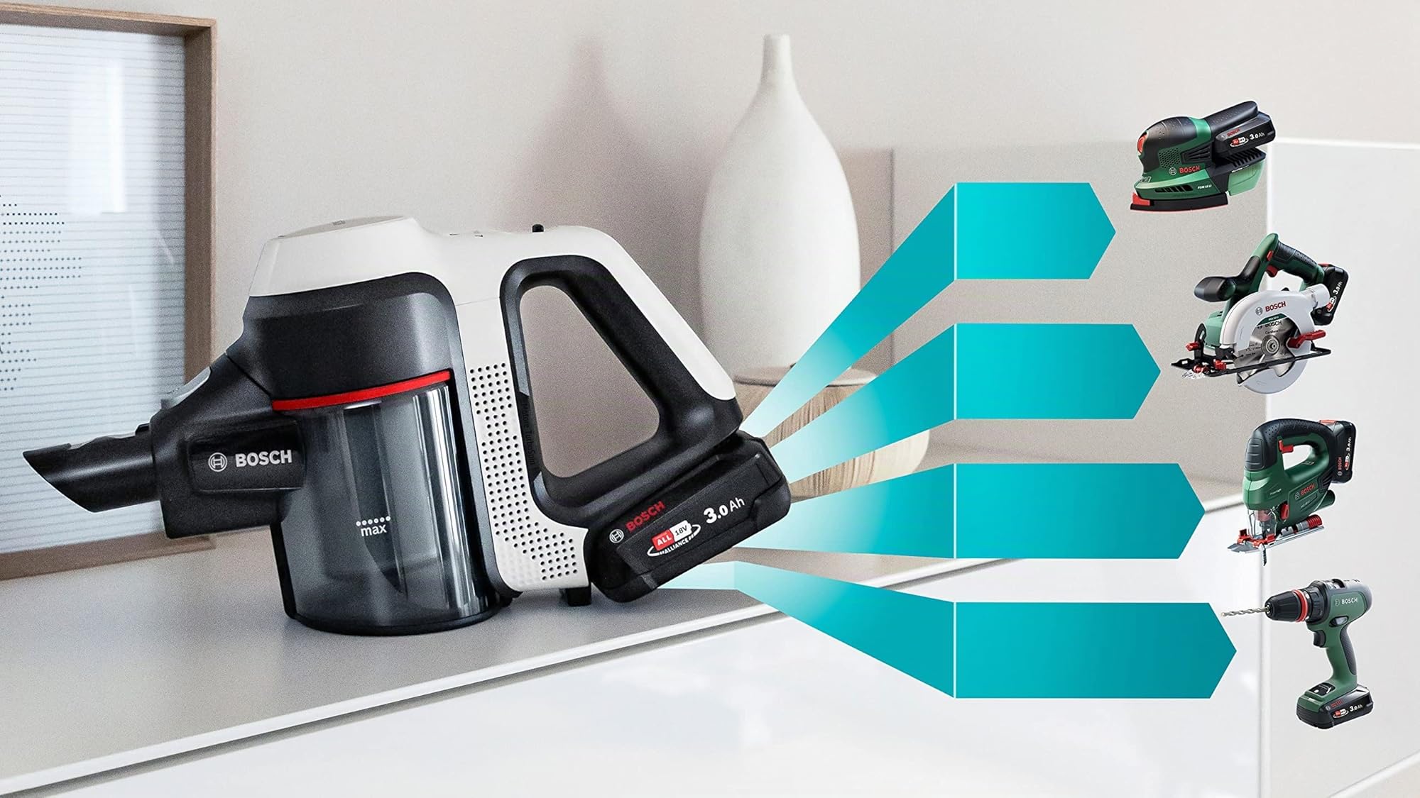 Bosch BBS711W Scopa Elettrica Senza Fili, Tubo flessibile, Luce LED, Bianco