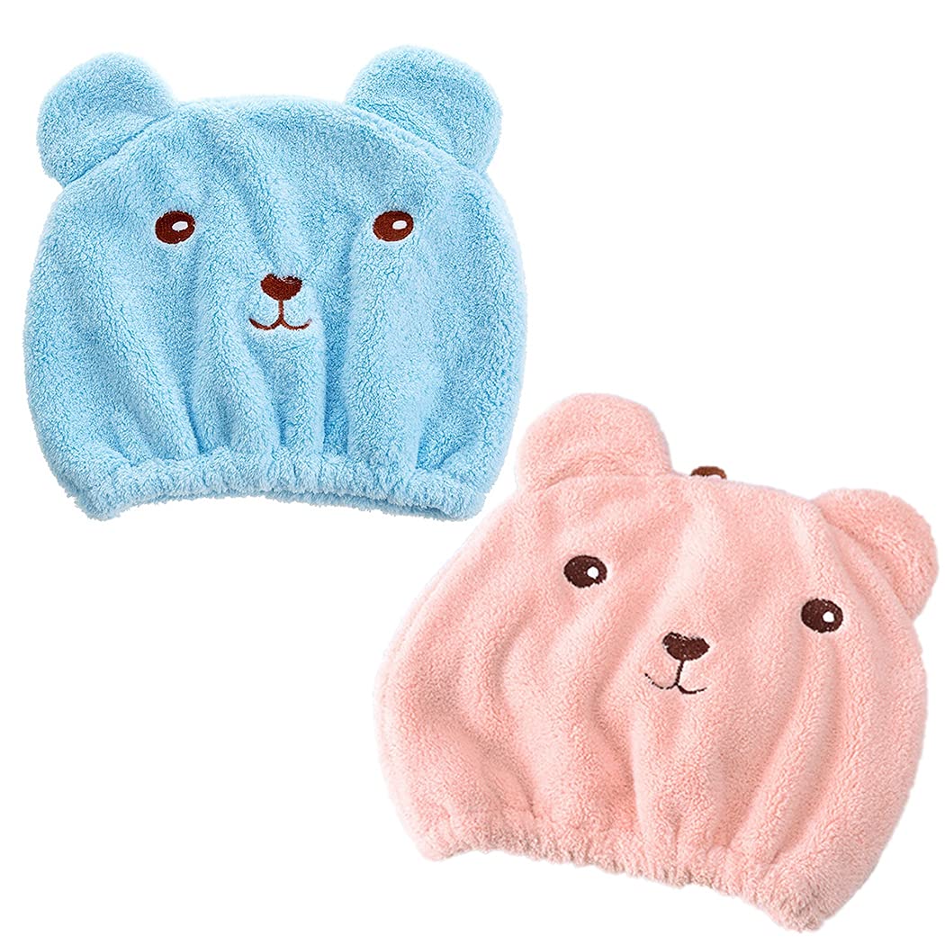 Dry Hair Cap Bear 2PCS Cute Absorbent Hair Turban Hair Wrap Bath Cap for Kids Soft Fast Drying Bathing-image-42