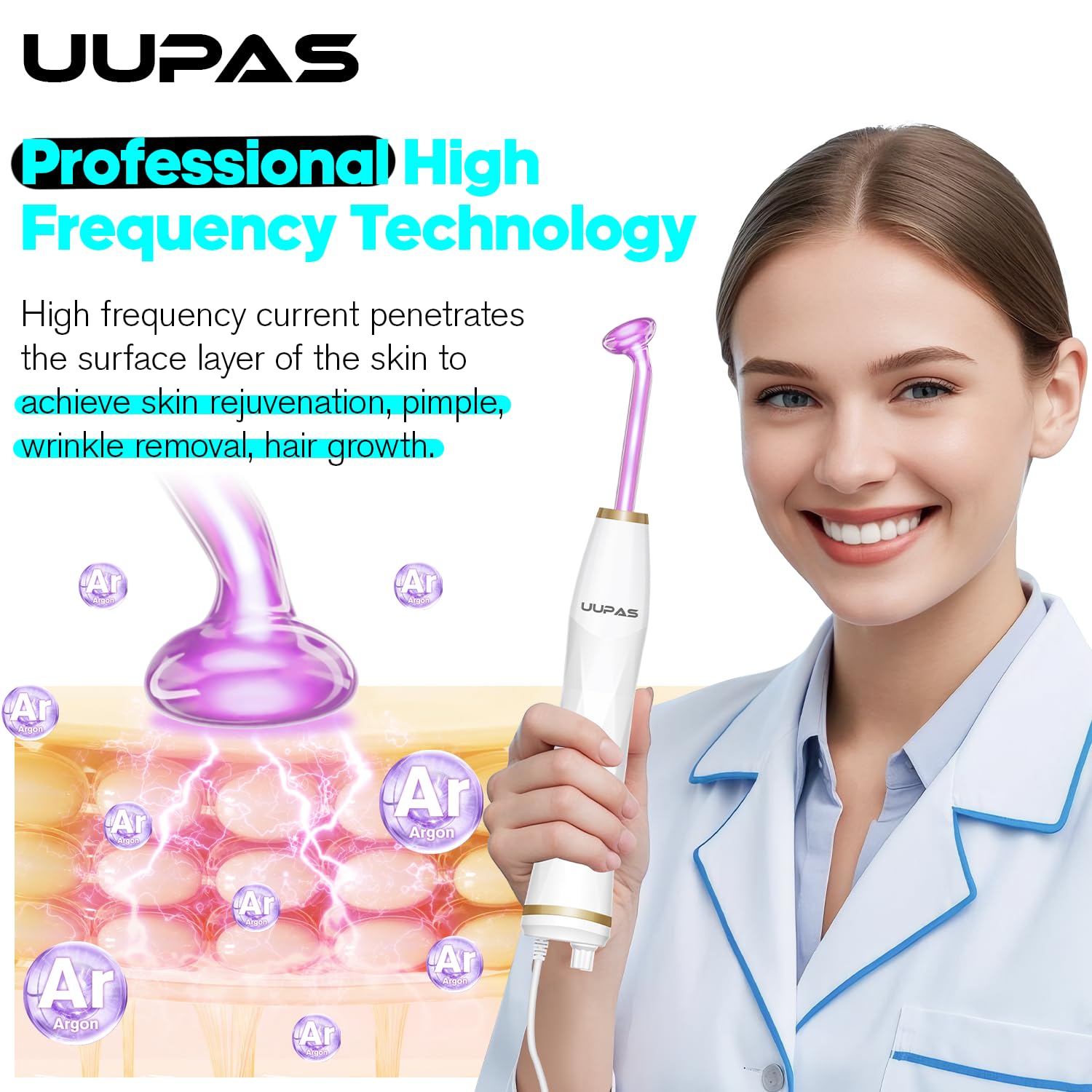 Bacchetta Alta Frequenza Viso - UUPAS Professionale 4 Argon Alta Frequenza - Massaggiatore Portatile Alta Frequenza per il Rafforzamento Della Pelle, le Rughe, L'acne e la Perdita di Capelli