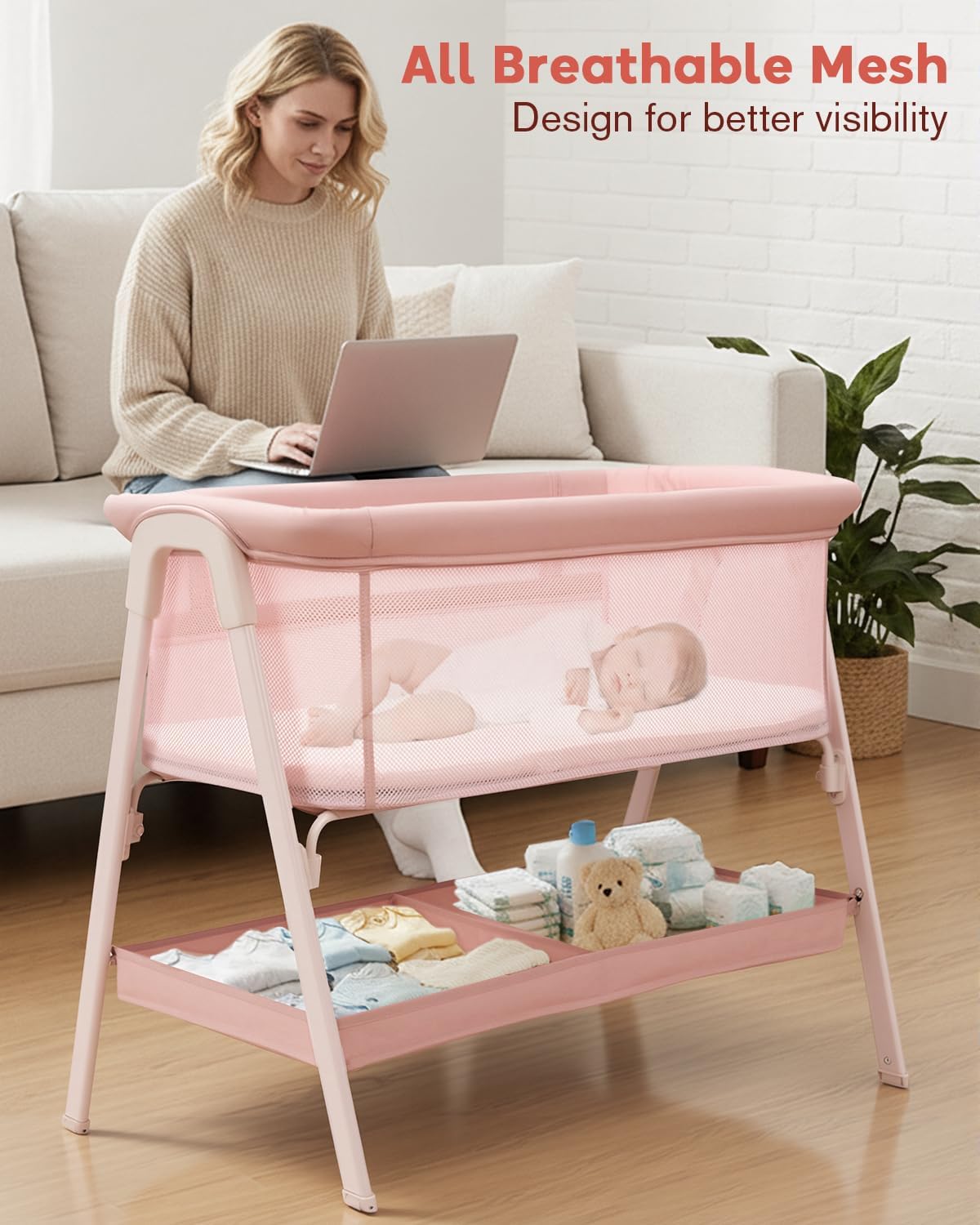 Baby Bassinet, Bedside Bassinet for Baby, Bassinet Bedside Sleeper with Mattress, Storage Basket and 4 Auto-Lock Wheels, Full-Mesh Sides, Bedside Mini Crib for Newborn (Pink)