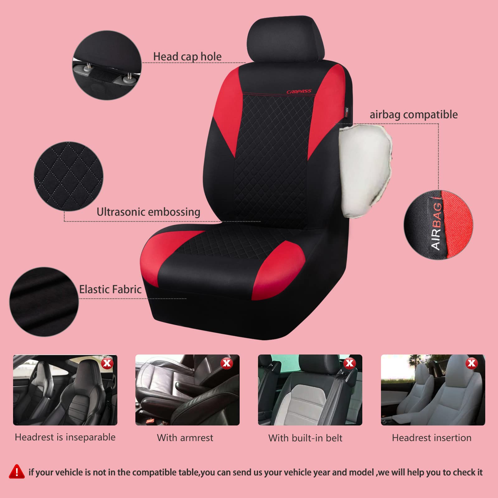 CAR PASS Ultrasonic Embossing Cloth Universal Red Seat Covers Full Set,Breathable Girly Cute Car Seat Cover with 5mm Composite Sponge Inside,Airbag Compatible,2zipper Bench for Sedans SUV Trucks Vans