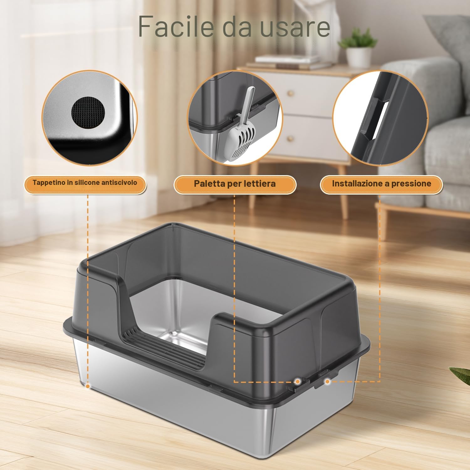 Lettiera per gatti in acciaio inox, 60 x 40 x 30 cm, in acciaio inox, con tappetino per lettiera e paletta, non si attacca ai residui, non attira odori