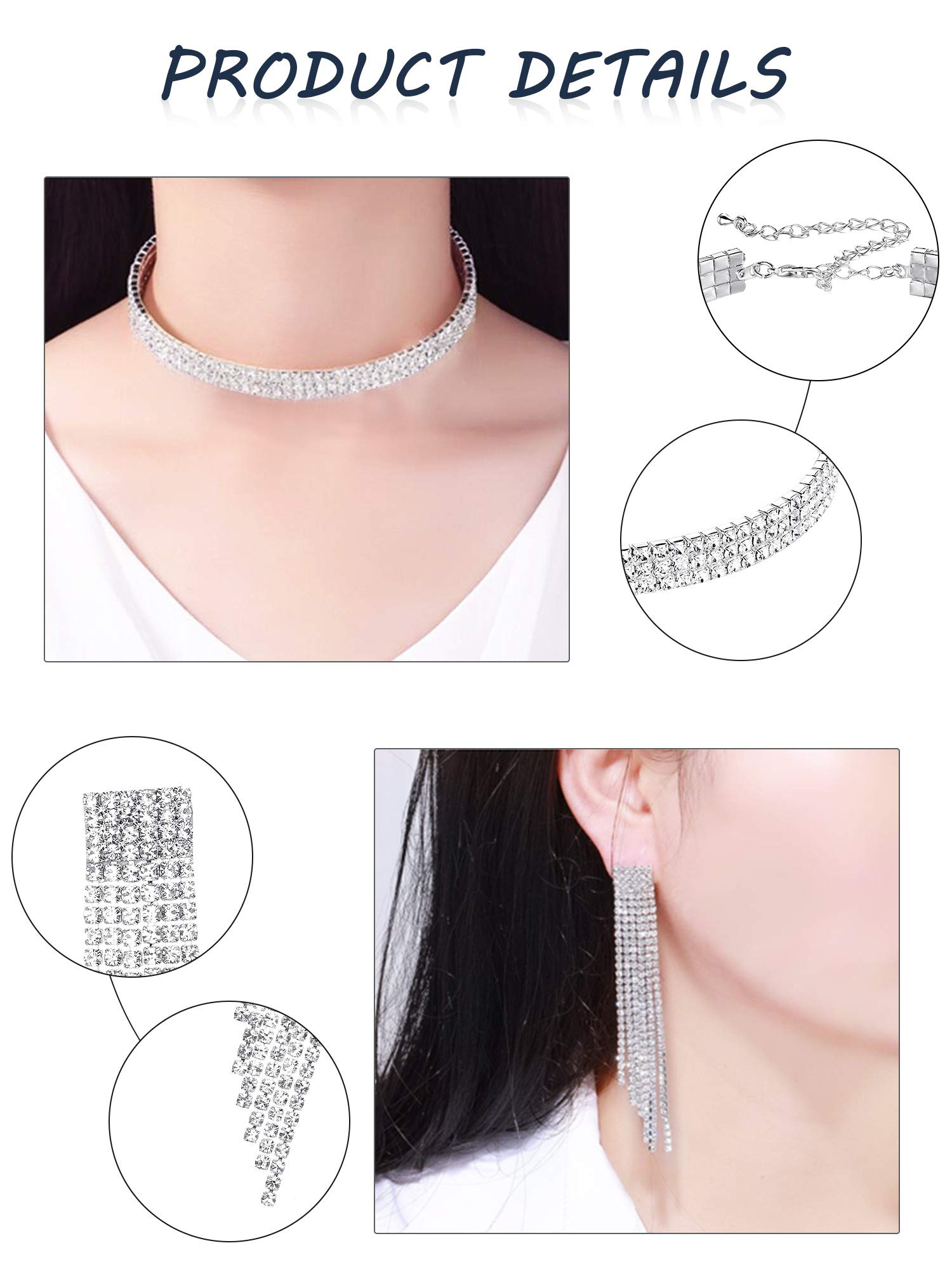 Hicarer 3 Pieces Women Rhinestone Jewelry Set Rhinestone Choker Bracelet Bangle Crystal Necklace Ring Earrings for Wedding