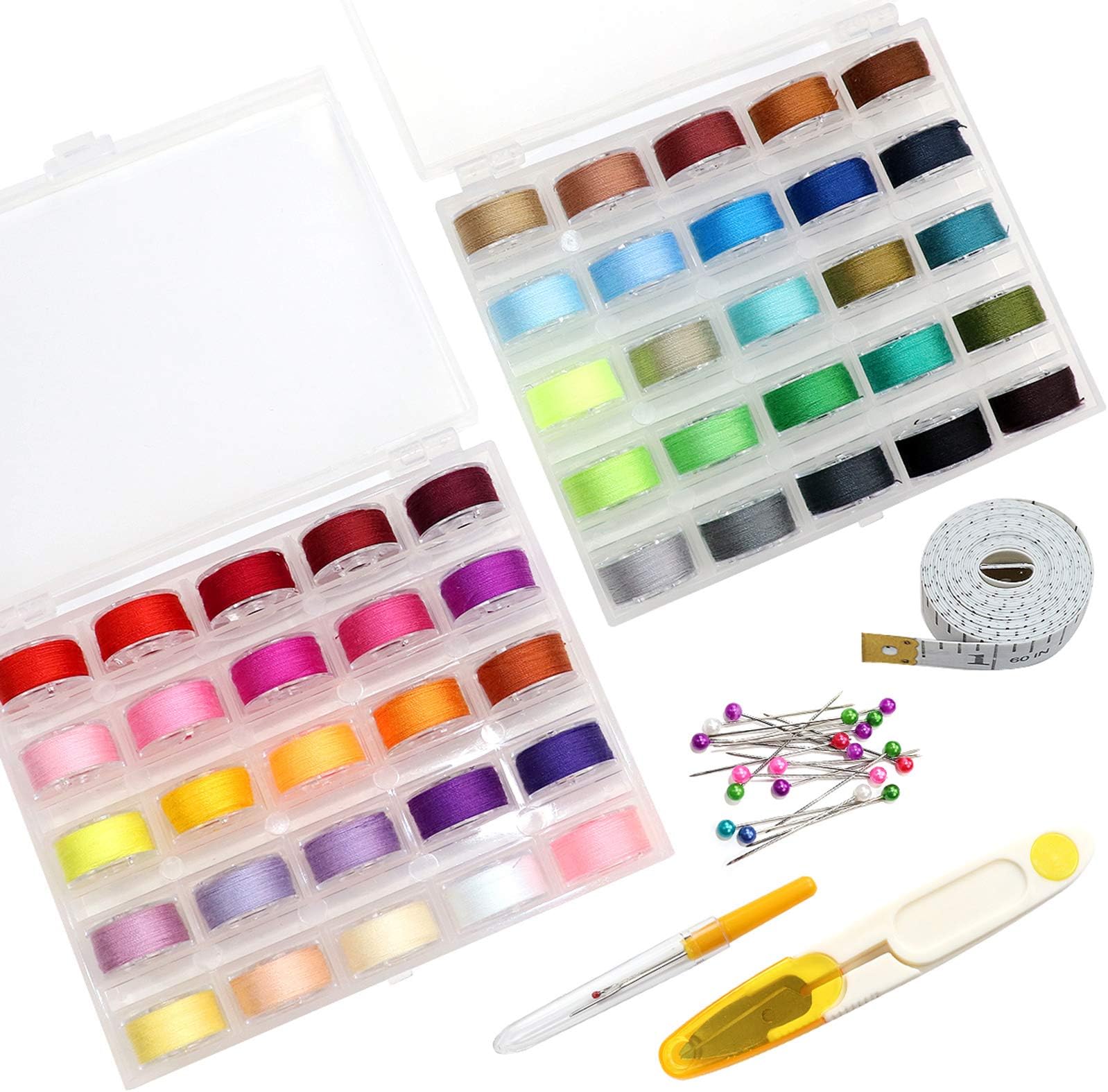 50Pcs Bobbins and Sewing Threads with Bobbin Case for Multiple Sewing Machine, Pre-Wound Bobbins Set for Brother Singer Babylock Janome, Standard Size and Assorted Colors (50 Colors)