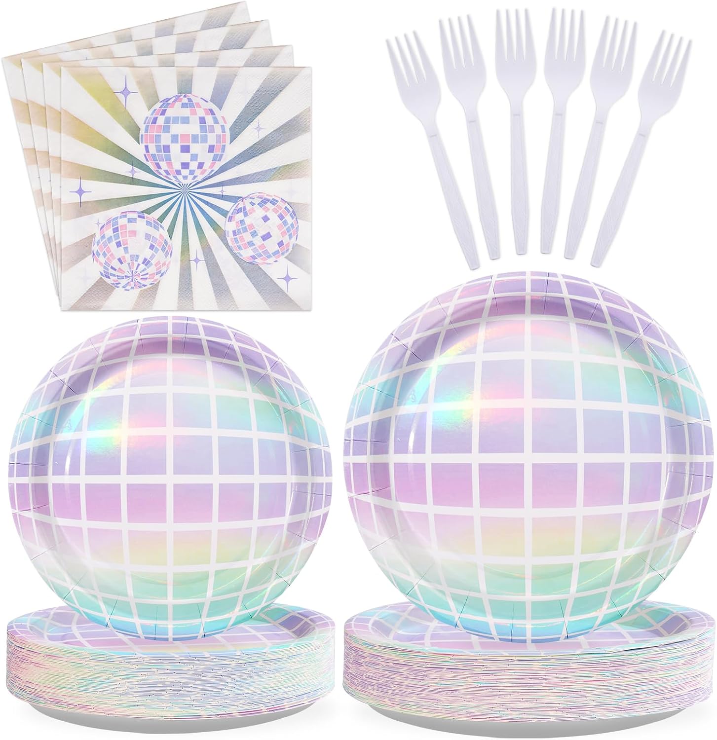 Grencian 96Pcs Disco Party Decorations Disco Ball Plates and Napkins Disposable Paper Tableware Set for 70s Wedding Birthday Baby Shower Anniversary Party Supplies, Serves 24