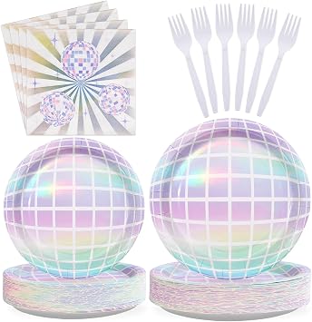 Grencian 96Pcs Disco Party Decorations Disco Ball Plates and Napkins Disposable Paper Tableware Set for 70s Wedding Birthday Baby Shower Anniversary Party Supplies, Serves 24