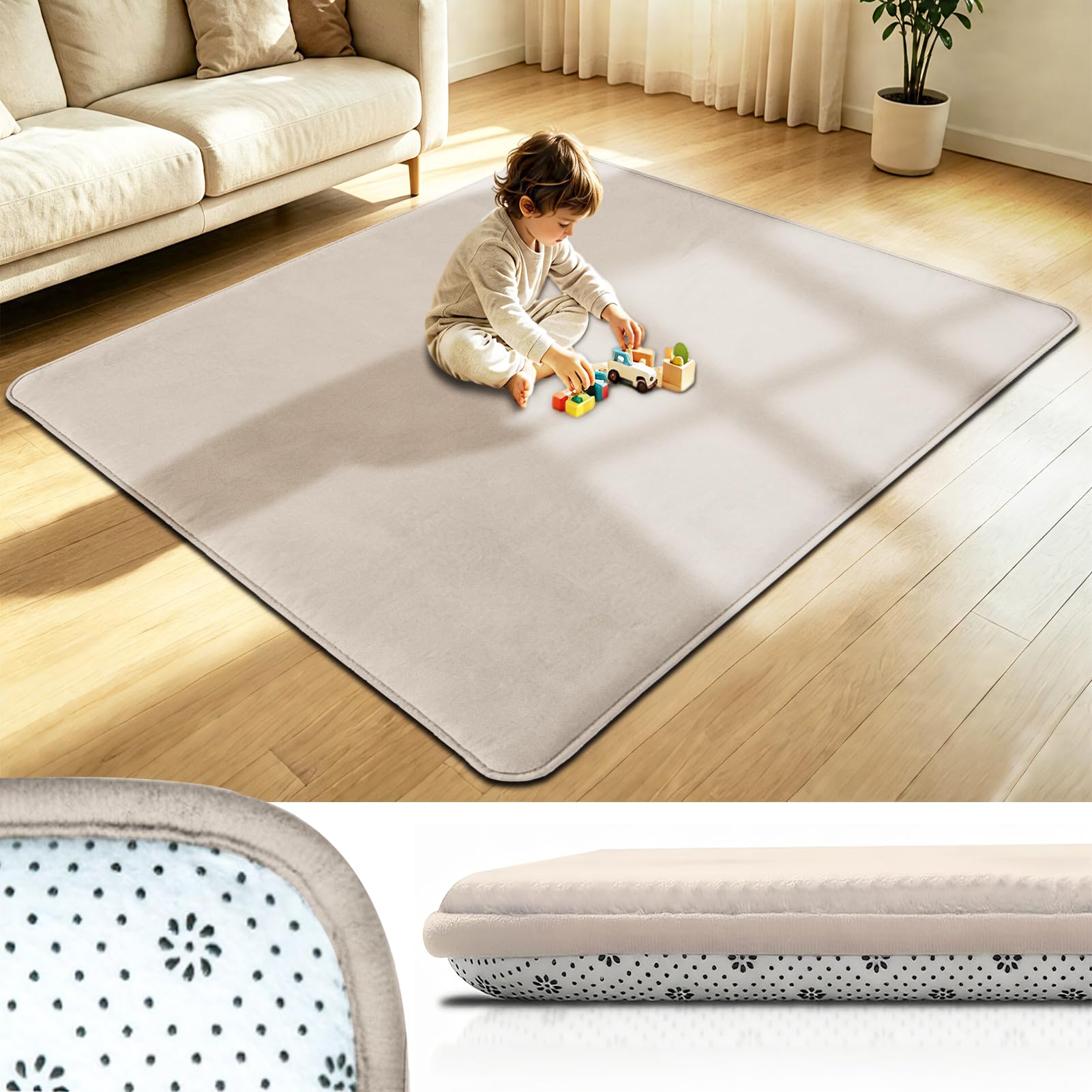 Tappetino da Gioco per Bambini in Velluto di Corallo Spesso 3 cm, 160 x 230 cm Marrone Chiaro Tappetino per Bambini Antiscivolo Tappeto for Gattonare e Giocare per Pavimento per Bambini e Neonati