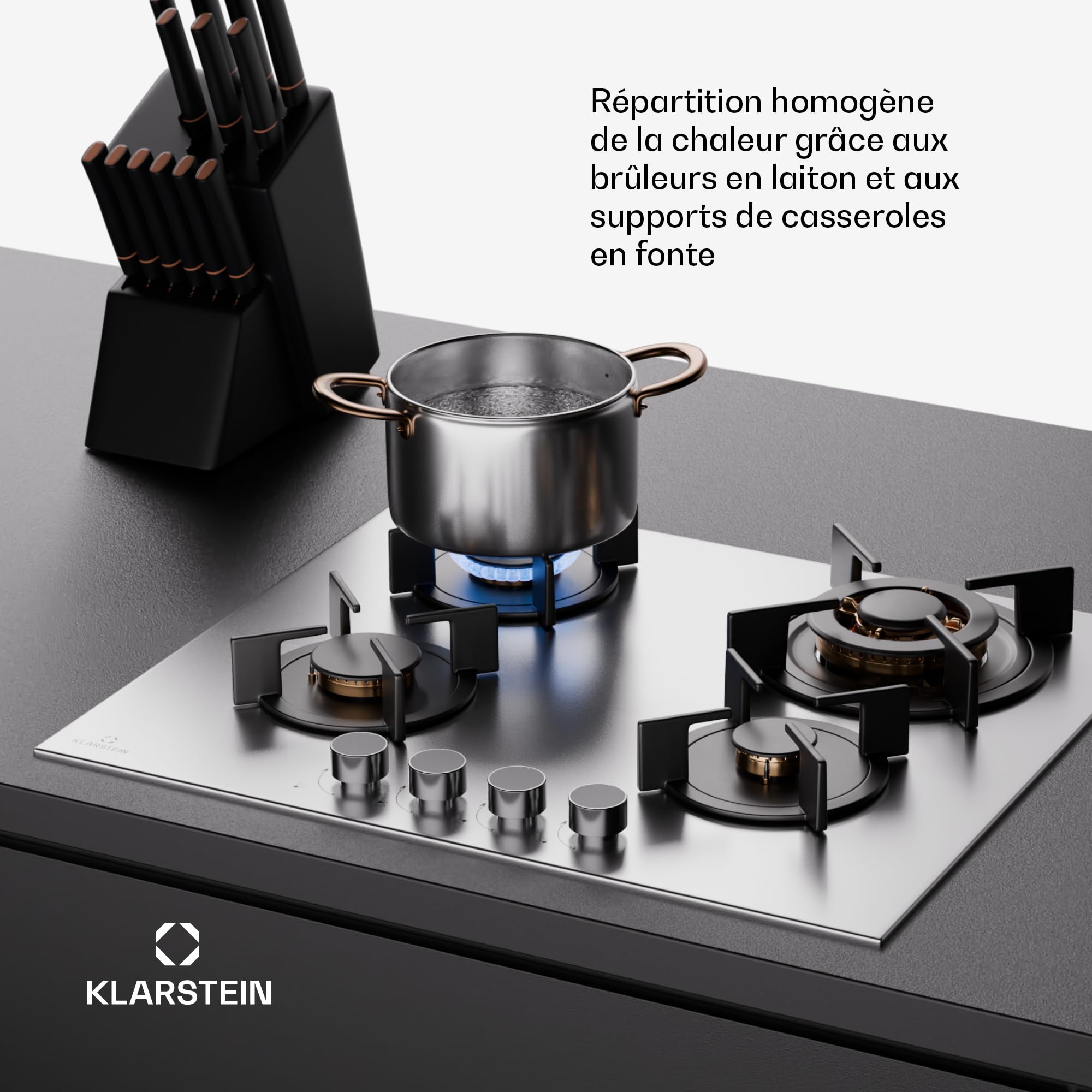 Klarstein Tables de Cuisson à Gaz, Plaque de Cuisson Gaz à 4 Brûleurs, Table de Encastrable à 4 Feux de 8000W, Cuisiniere Gaziniere avec Brûleurs en Acier Inoxydable, Cuisinières GPL