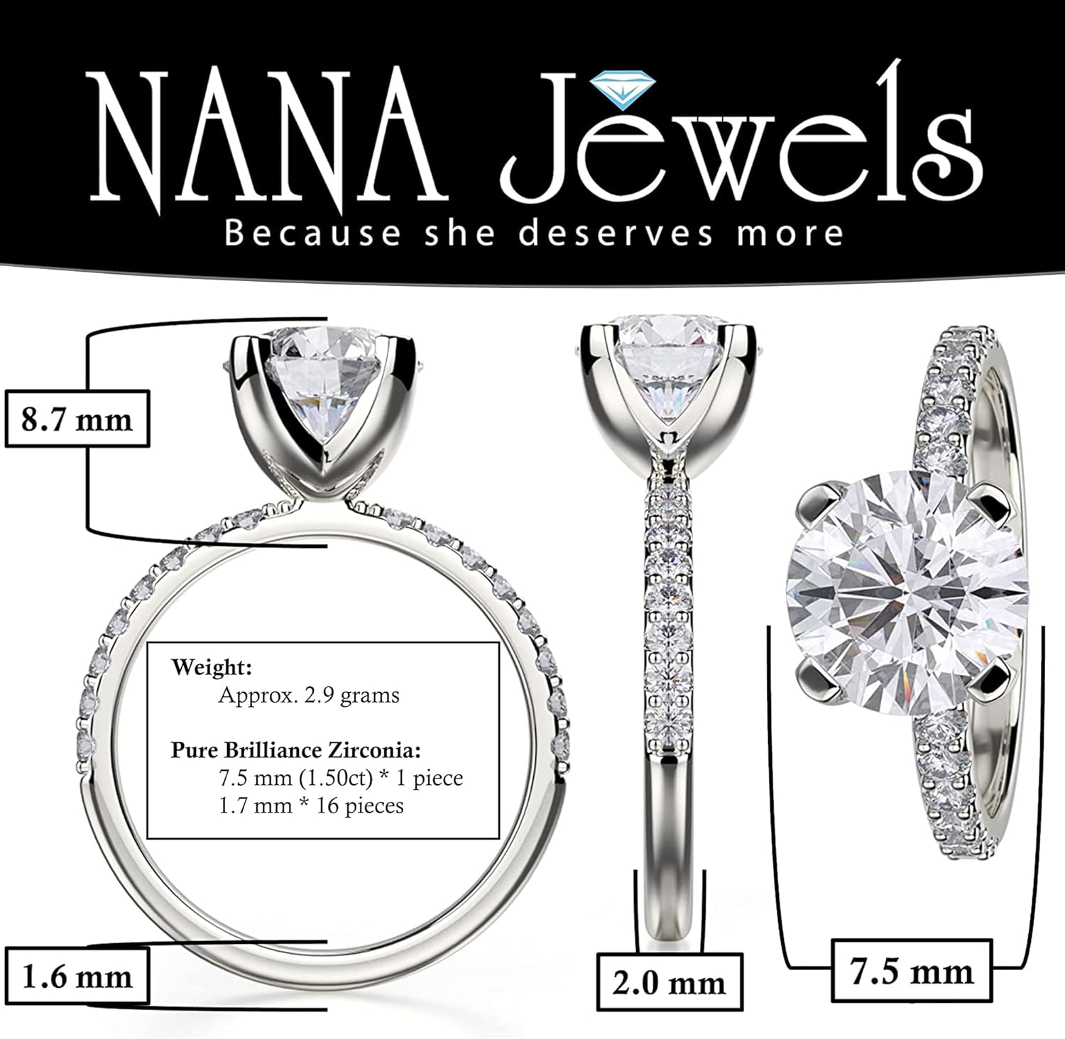NANA Jewels 1.00ct to 4.00ct Simulated Diamond Engagement Ring Round Solitaire Sterling Silver - Image 2