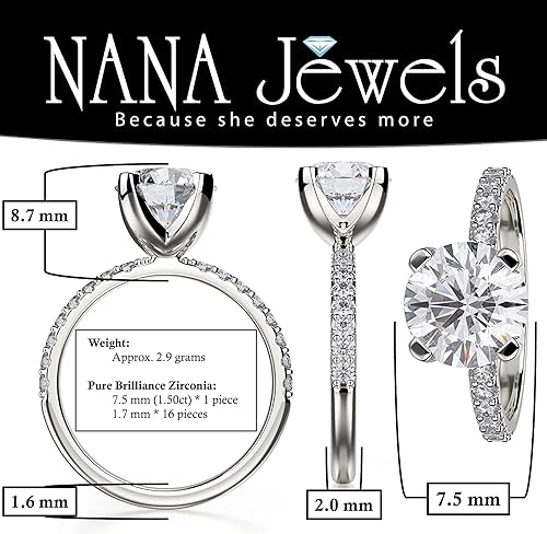 Vista 2 de NANA Jewels - Anillo de compromiso de plata de ley con diamantes de imitación, solitario redondo de 1,00 a 4,00 quilates