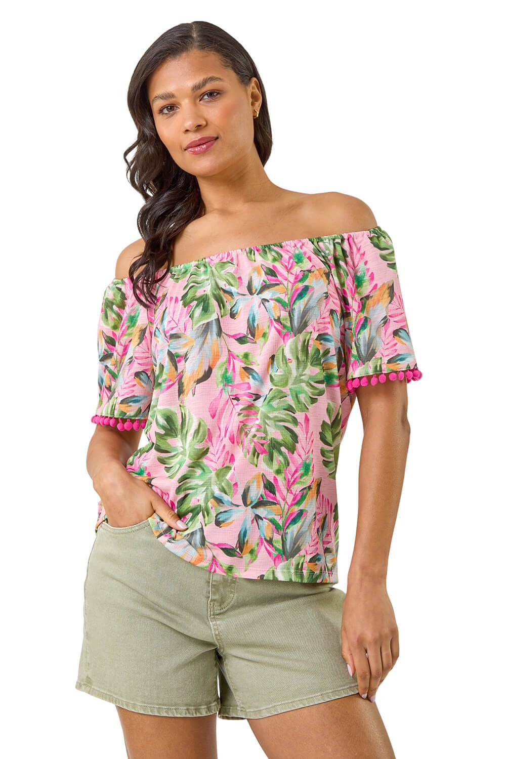 Roman Originals Floral Printed Bardot Top for Women UK - Ladies Everyday Holiday Spring Summer Round Neckline Comfy Soft Evening Vacation Work Party - Coral - Size 18