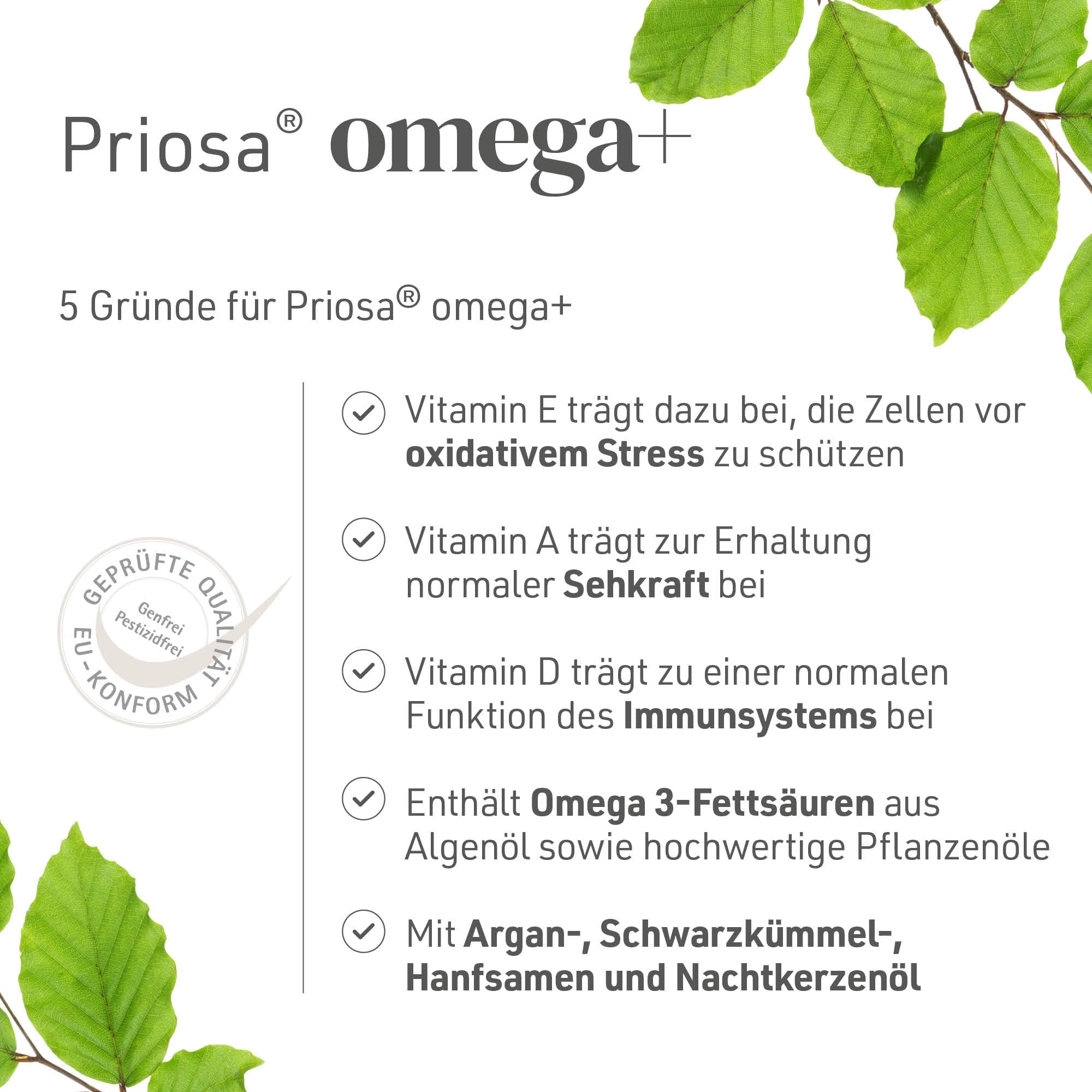 Priosa® omega+ 60 vegane Kapseln I Mit Omega-3 & Omega-6 Fettsäuren, Vitamin A + D + E + K2 & raren Ölen I Wichtige Fettsäuren
