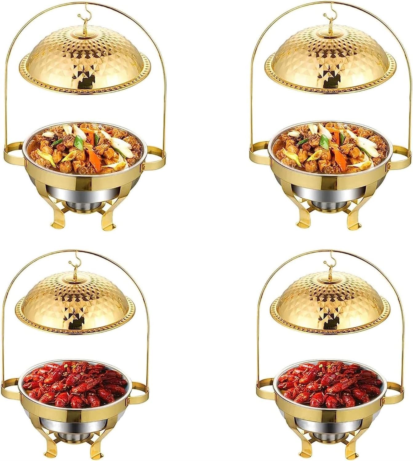 HONHPD 8L Gold Chafing Dish Buffet Set, Stainless Steel Diamond Hanging Lid Dining Stove, Buffet Servers and Warmers Set Warming Tray for Wedding, Parties, Restaurants, Banquets (4Pack)