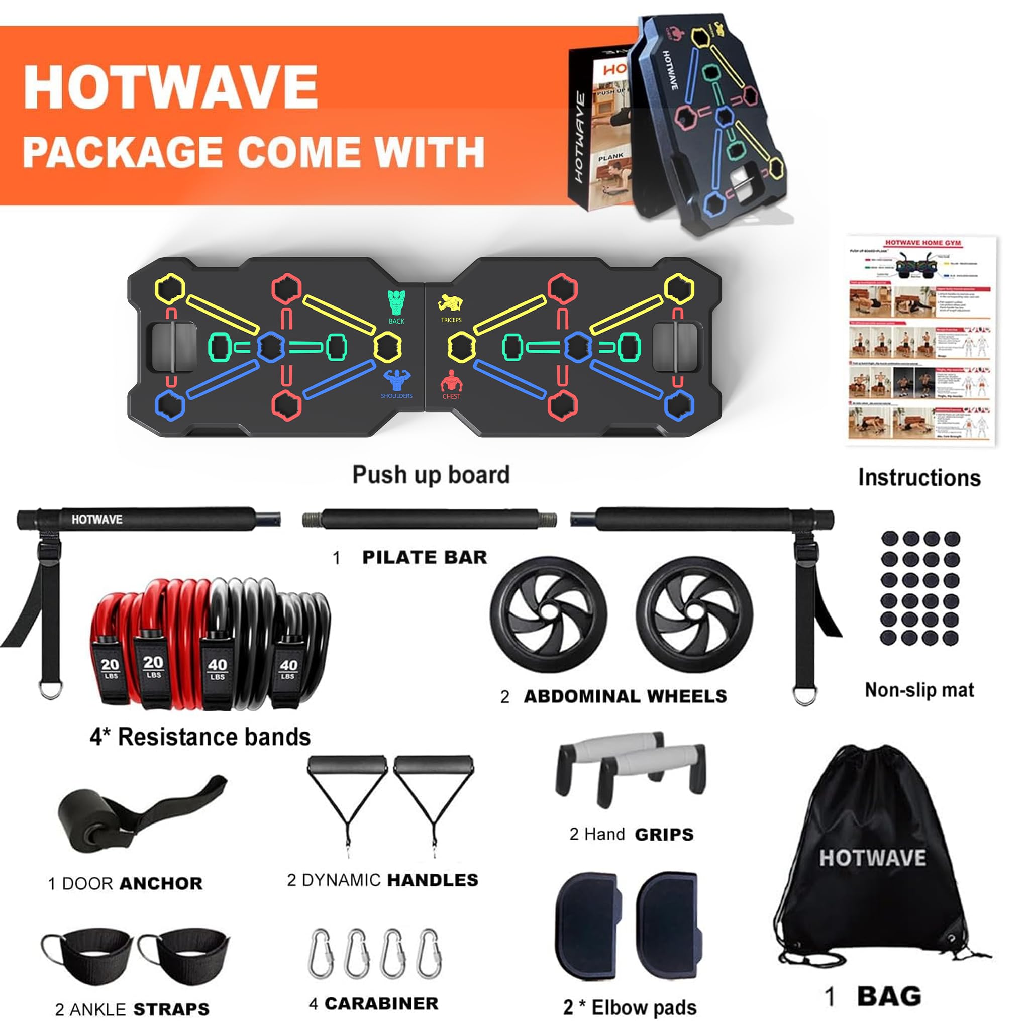 HOTWAVE Przenośny sprzęt treningowy z 20 akcesoriami gimnastycznymi. Deska push-up i deska, taśmy oporowe z kółkiem Ab, ćwiczenia całego ciała w domu dla mężczyzn i kobiet