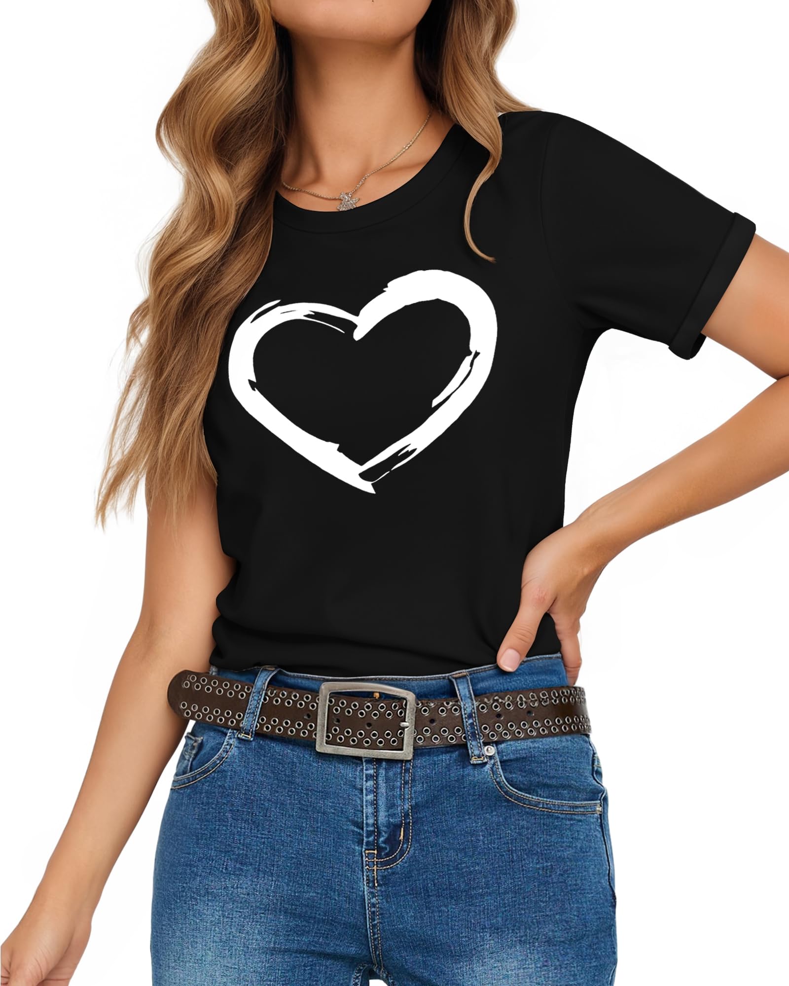 HERLOLLYCHIPS Women Cute Heart Graphic Crewneck Short Sleeve Regular Fit Casual Tee T-Shirts Tshirt Tops