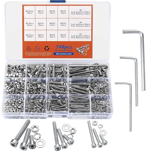 Hex Socket Head Cap Screws Nuts and Bolts and Washers Set, 540 Pcs M3
