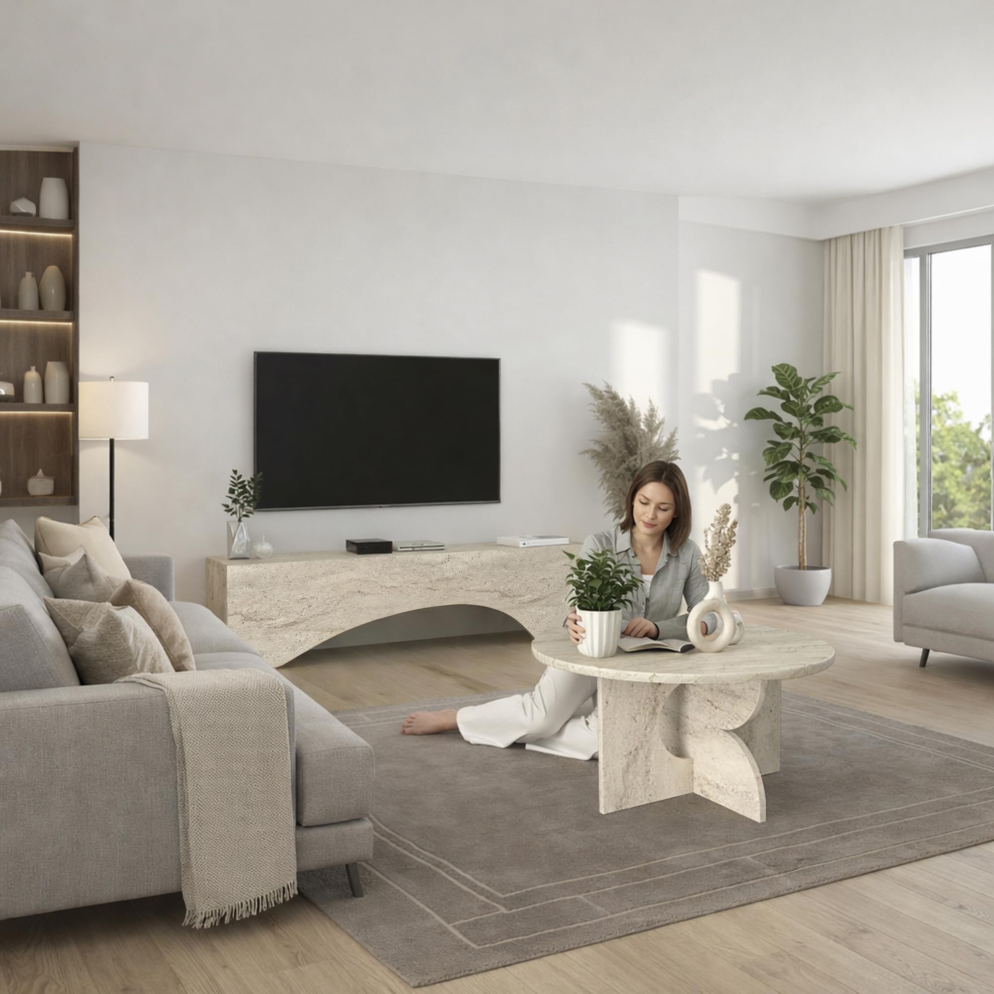 moebel17 TV Lowboard 150 cm Travertin-Optik – TV Schrank für Fernseher bis 65 Zoll – modernes TV Board & TV Ständer in Stein-Optik, Fernsehtisch Lowboard für Wohnzimmer, Beige, 150 x 40 x 31,4 cm