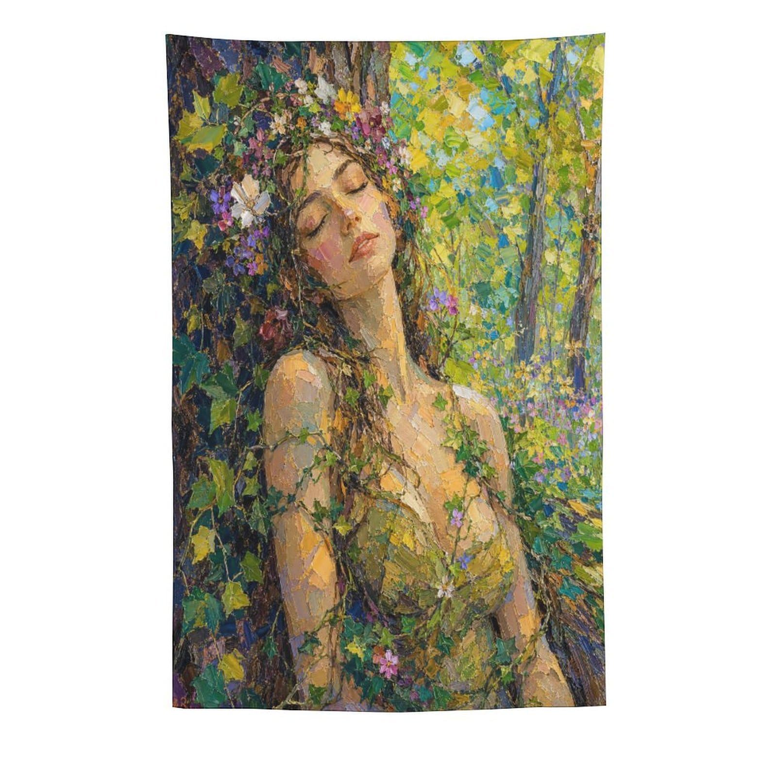 H3B8U2Y5 Forest Nymph with Flowers Wall Tapestry, Impressionist Green