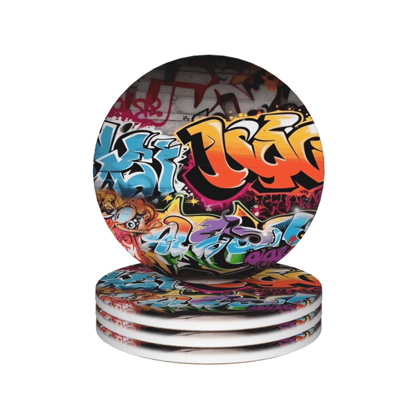 Mxdlkswpoh Round Shape Drink Coasters Set Of 4 Non-Slip Ceramic Coasters With Holder Graffiti Hip Hop Coasters For Drinks Tabletop Protection Cups Mugs Mat Pads For Coffee Table Bar Home Decor
