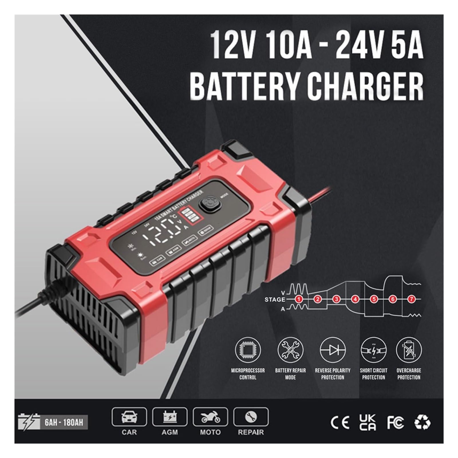 W Pełni Automatyczna Ładowarka Samochodowa 12V 10A / 24V 5A Kwasowo-ołowiowy/żelowy Wyświetlacz LCD Inteligentna Szybka Ładowarka Samochodowa Narzędzie Samochodowe Szybkie I Wydajne łAdowanie(Red)