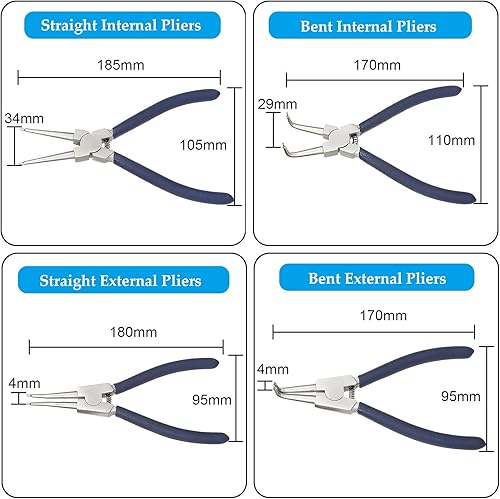 Miniatura 4 de Juego de 4 alicates de anillo a presión de 7 pulgadas, juego de alicates de clip para circuito internoexterno de alta resistencia con mandíbula