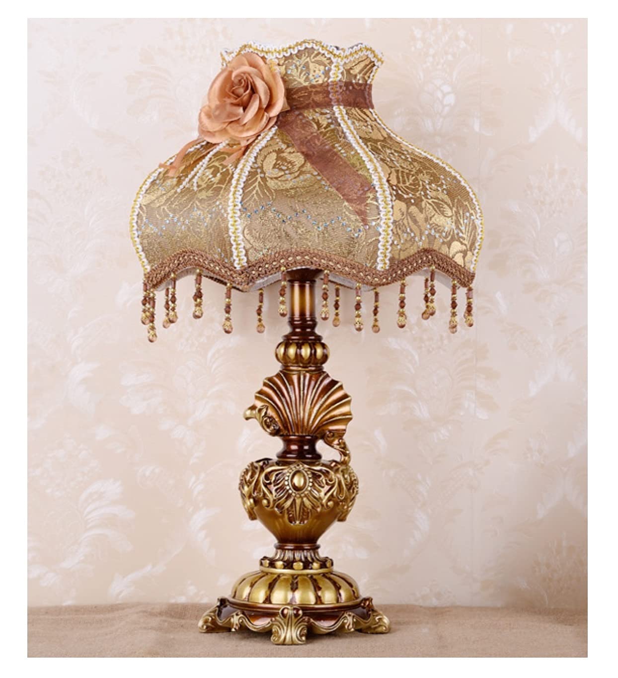 Traditional Table Lamp Brown Handmade Victorian Style Lace Fabric Lampshade Bedside Lamp Antique Painted Resin Base Desk Lamp for Bedroom Living Room Office, 13" W, 21.6" H.