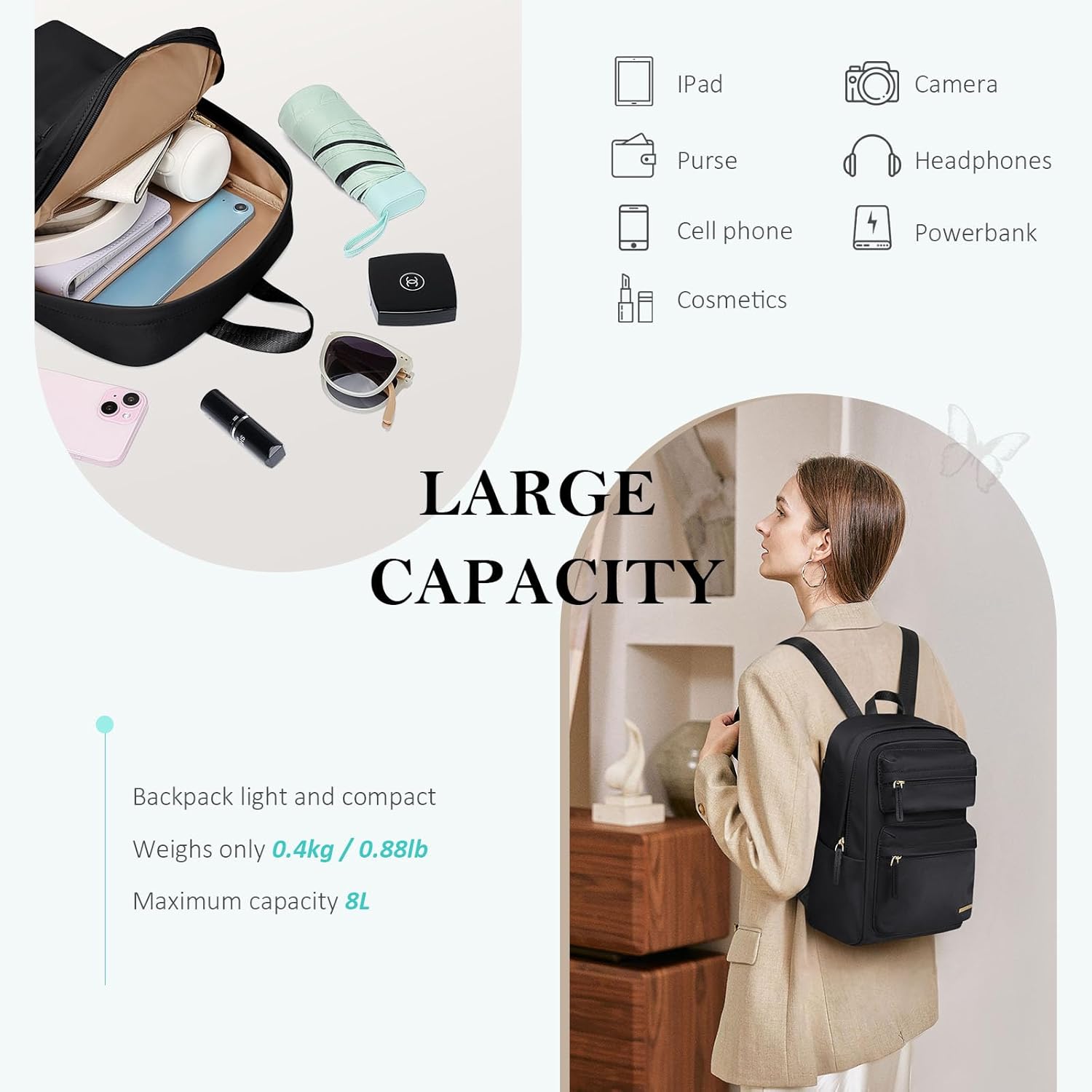 Mini Backpack for Women Lightweight Small Waterproof Backpack Purses Daily Daypack,fit 10.2Inch iPad,Black - Image 4